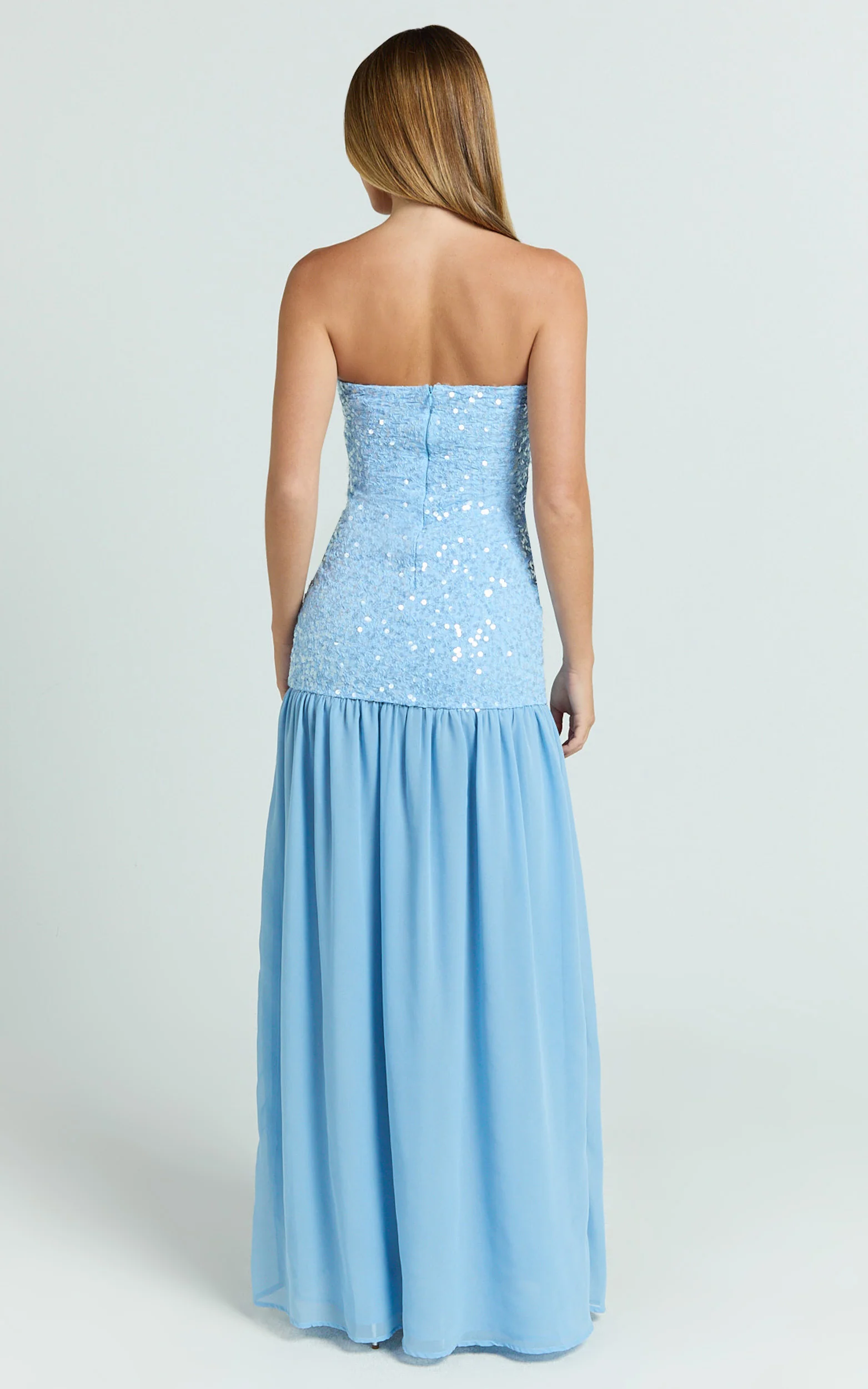 Georgina Maxi Dress - Sequin Strapless Front Split Dress in Blue