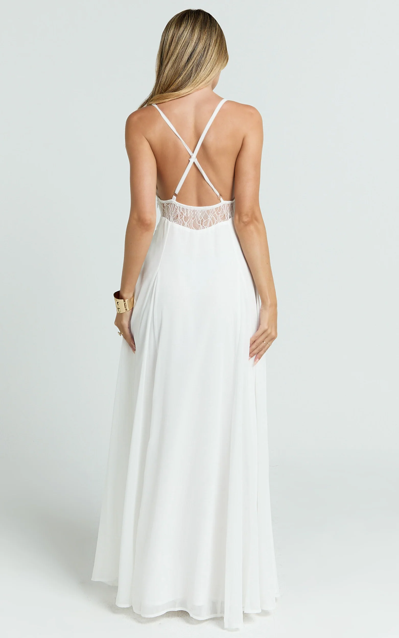 Ysolde Maxi Dress - V Neck Low Back Fit And Flare Dress in White