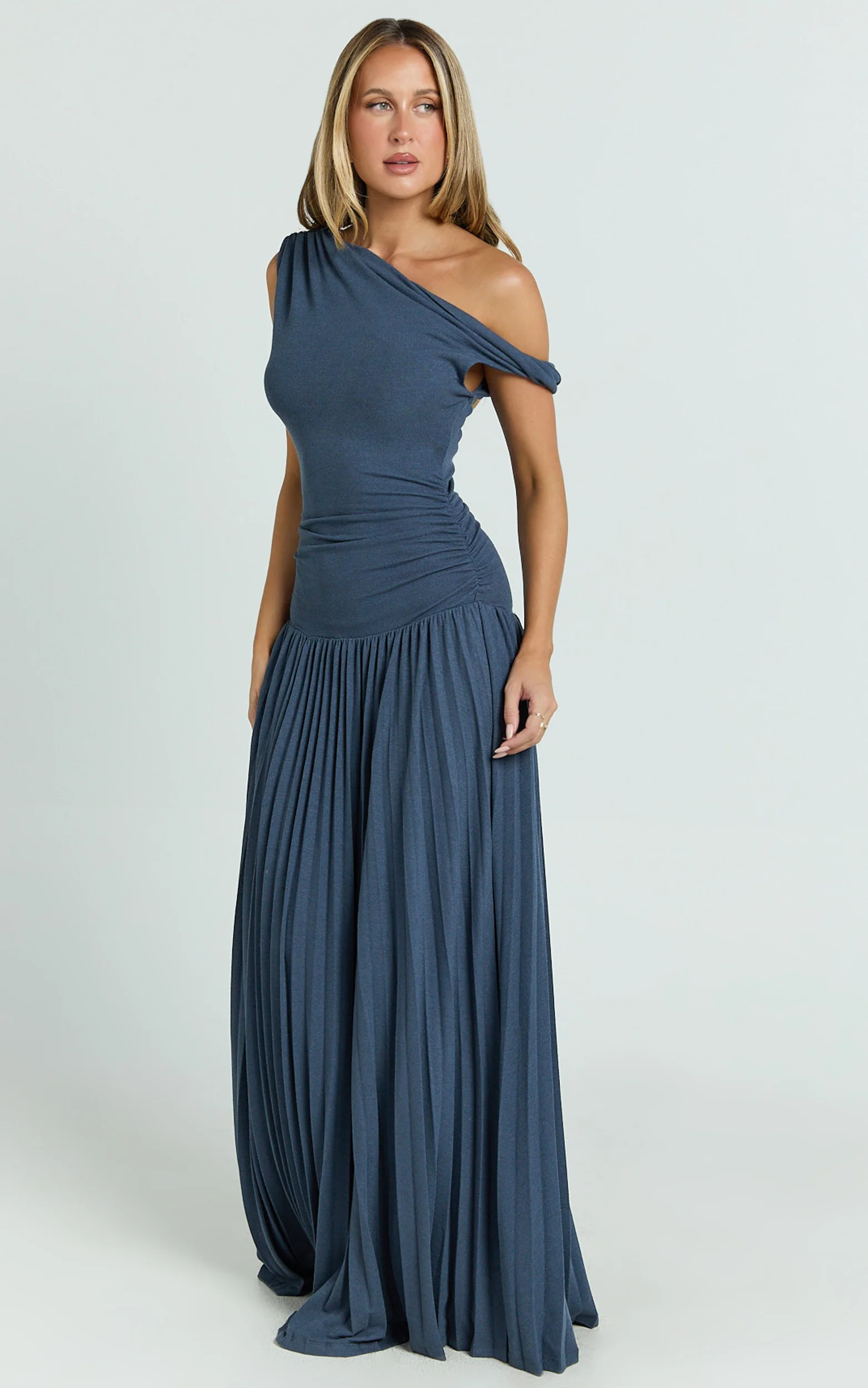Yvonne Maxi Dress - Pleat Skirt Tip Shoulder Ruched Dress in Navy