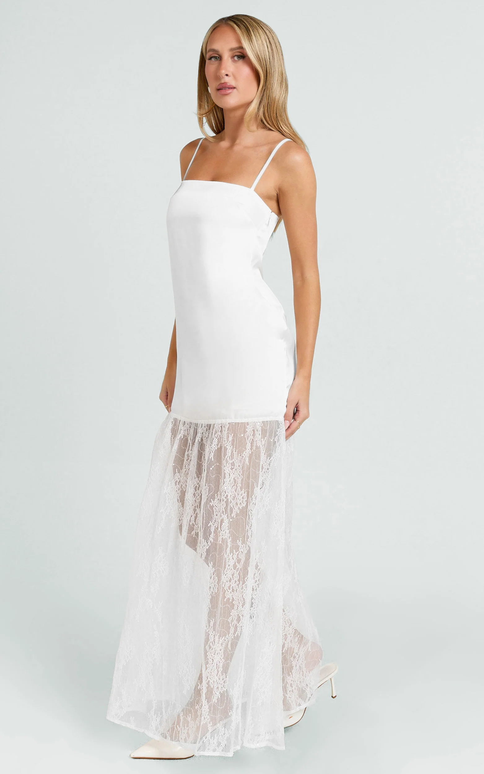 Loren Maxi Dress - Square Neck Contrast Skirt Dress in White