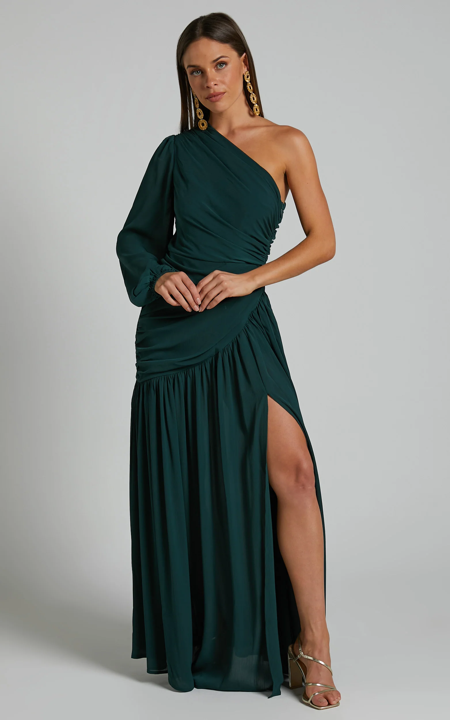 Grittah Midi Dress - One Shoulder Bishop Sleeve High Split Ruched Dress in Emerald
