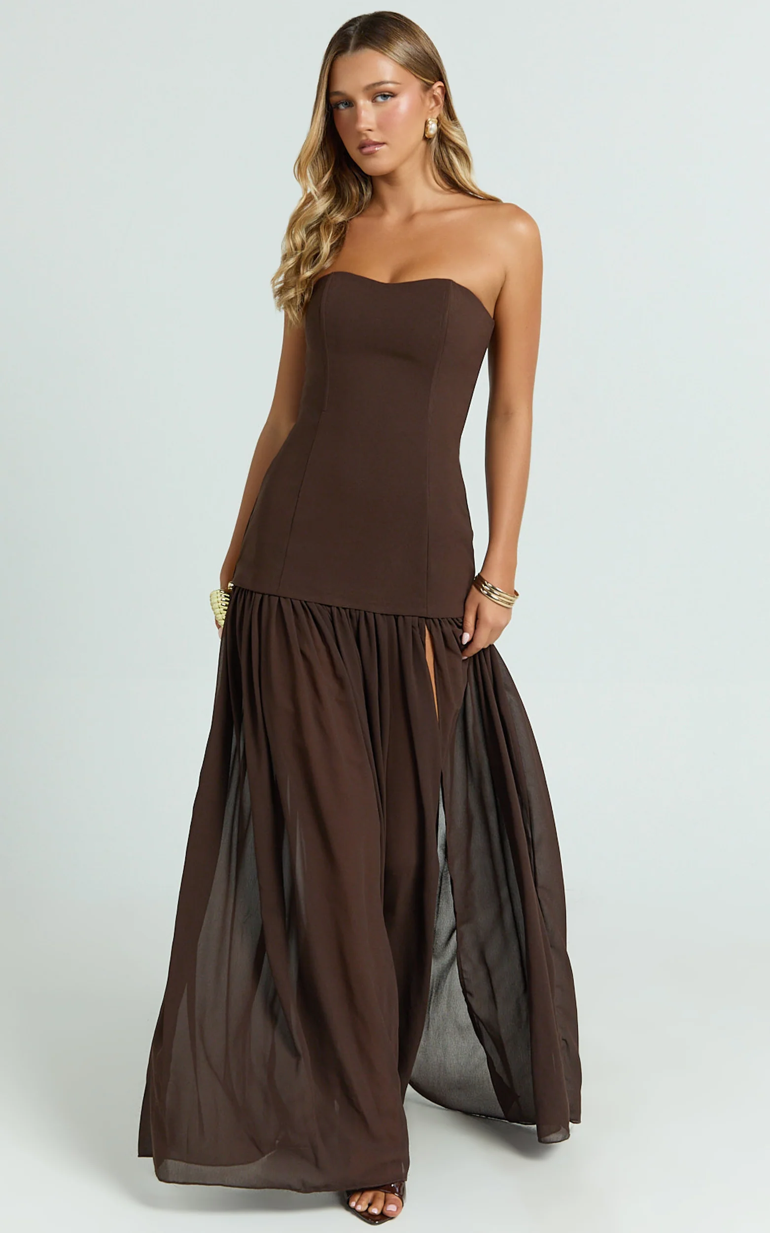 Jocelyn Maxi Dress - Strapless Ruched Fit And Flare Dress in Chocolate