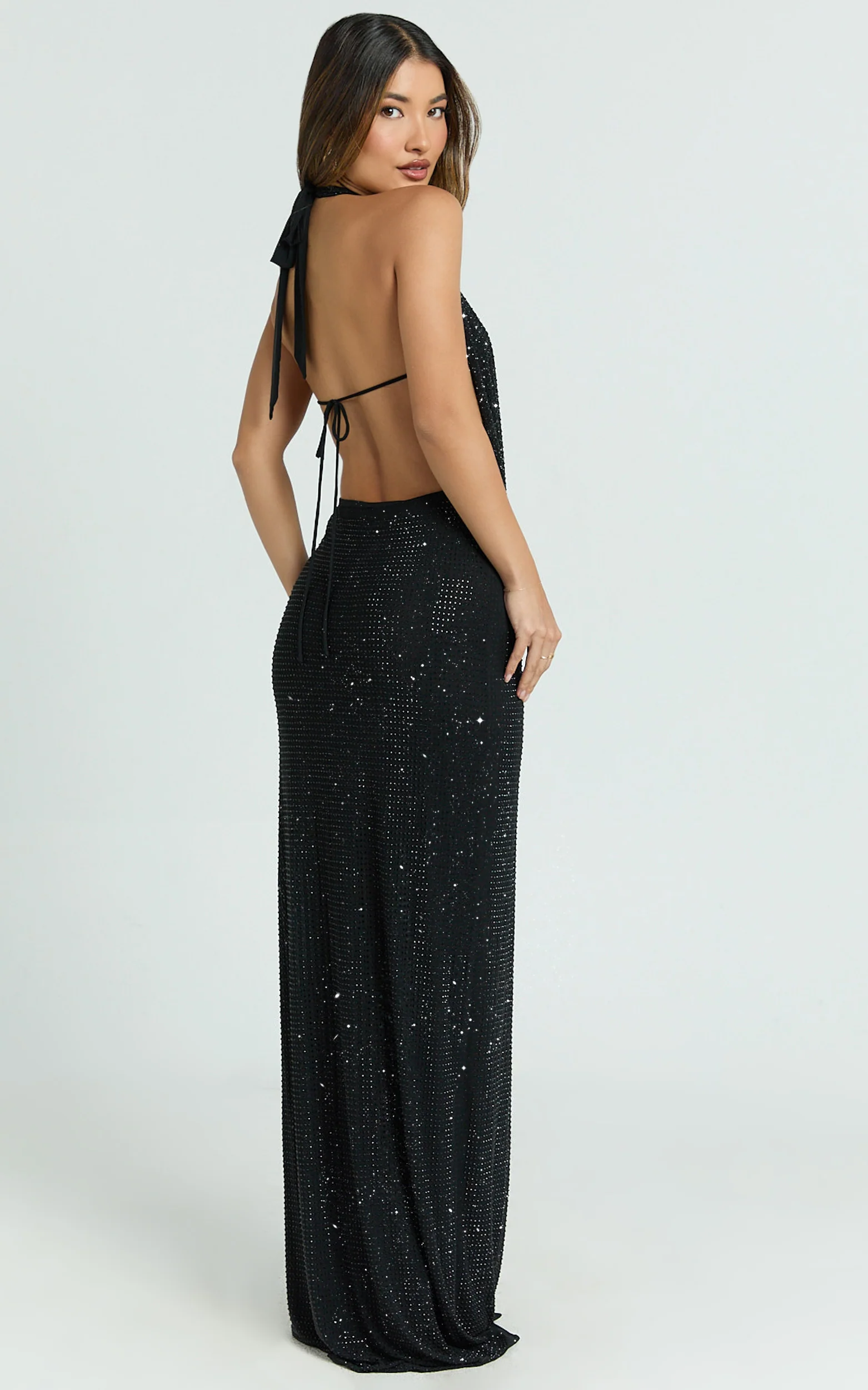 Felix Maxi Dress - Low Cowl Neck Bodycon Tie Back Dress in Black