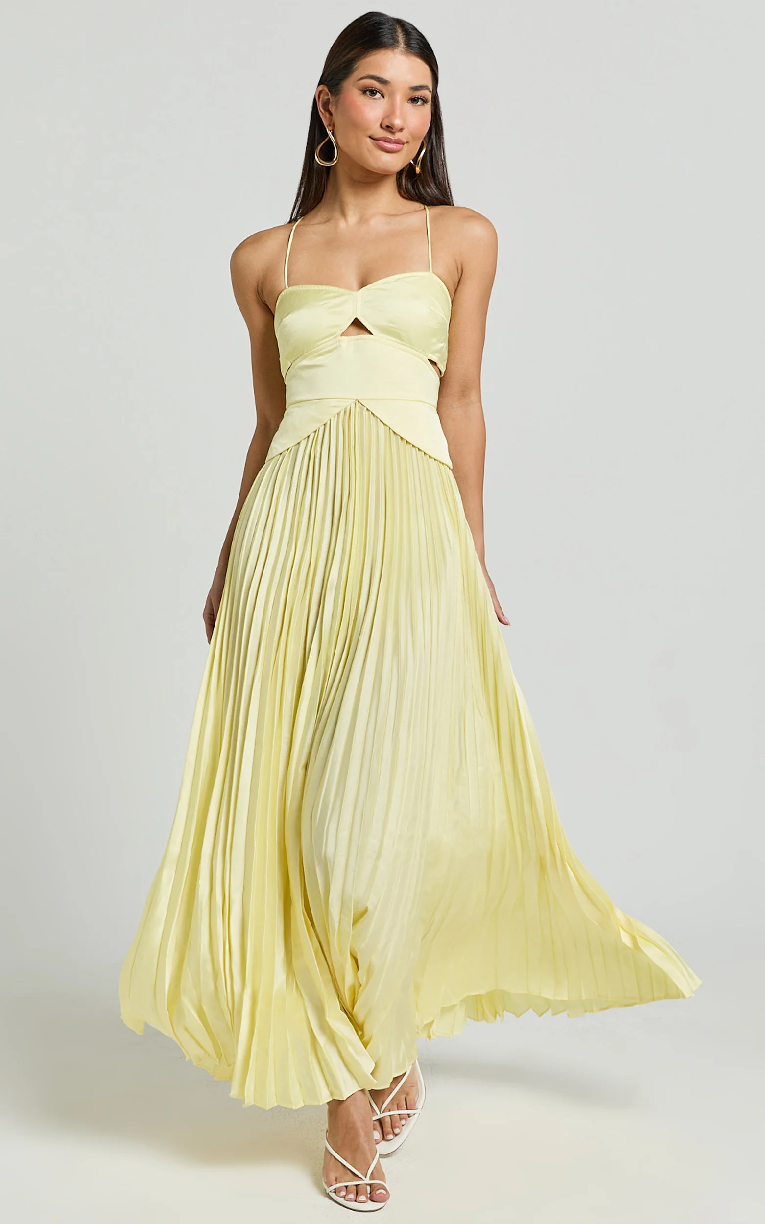 Shay Maxi Dress - Sweetheart Cut Out Pleated Dress in Lemon