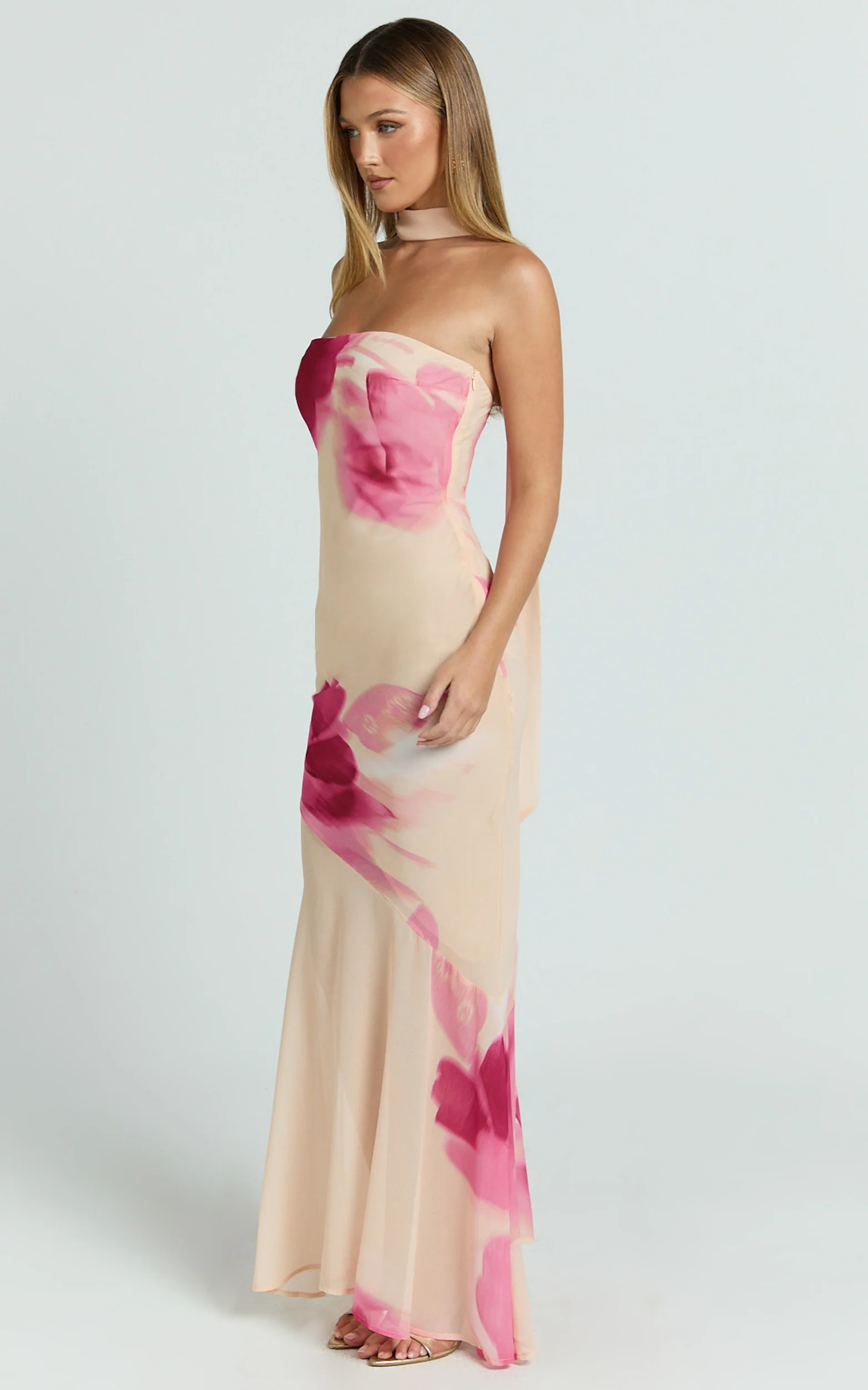 Angie Maxi Dress - Strapless Bias Column Dress with Scarf in Electric Bloom Lemon