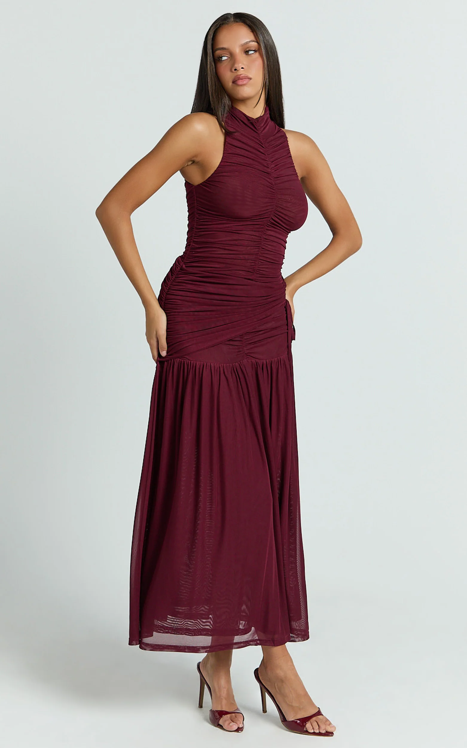 Metzie Maxi Dress - High Neck Gathered Mesh Dress in Burgundy