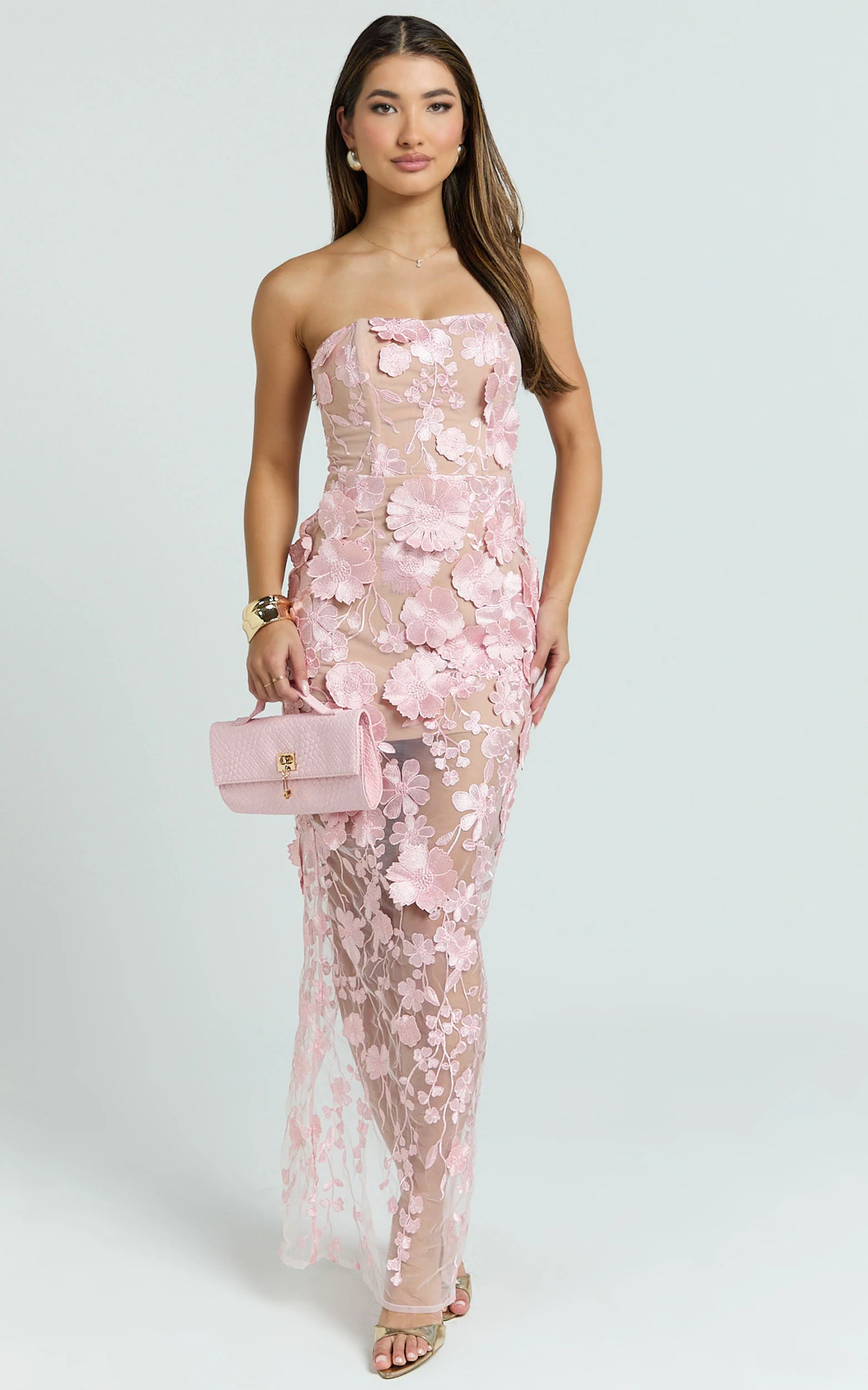 Sienna Maxi Dress - 3D Floral Strapless Column Dress in Pink