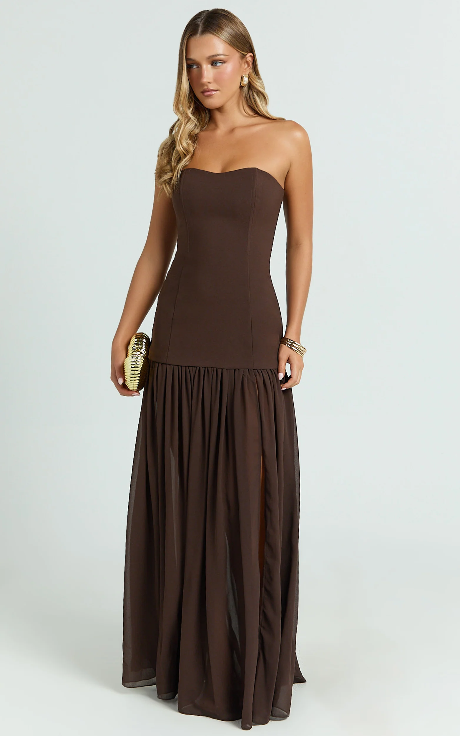 Jocelyn Maxi Dress - Strapless Ruched Fit And Flare Dress in Chocolate