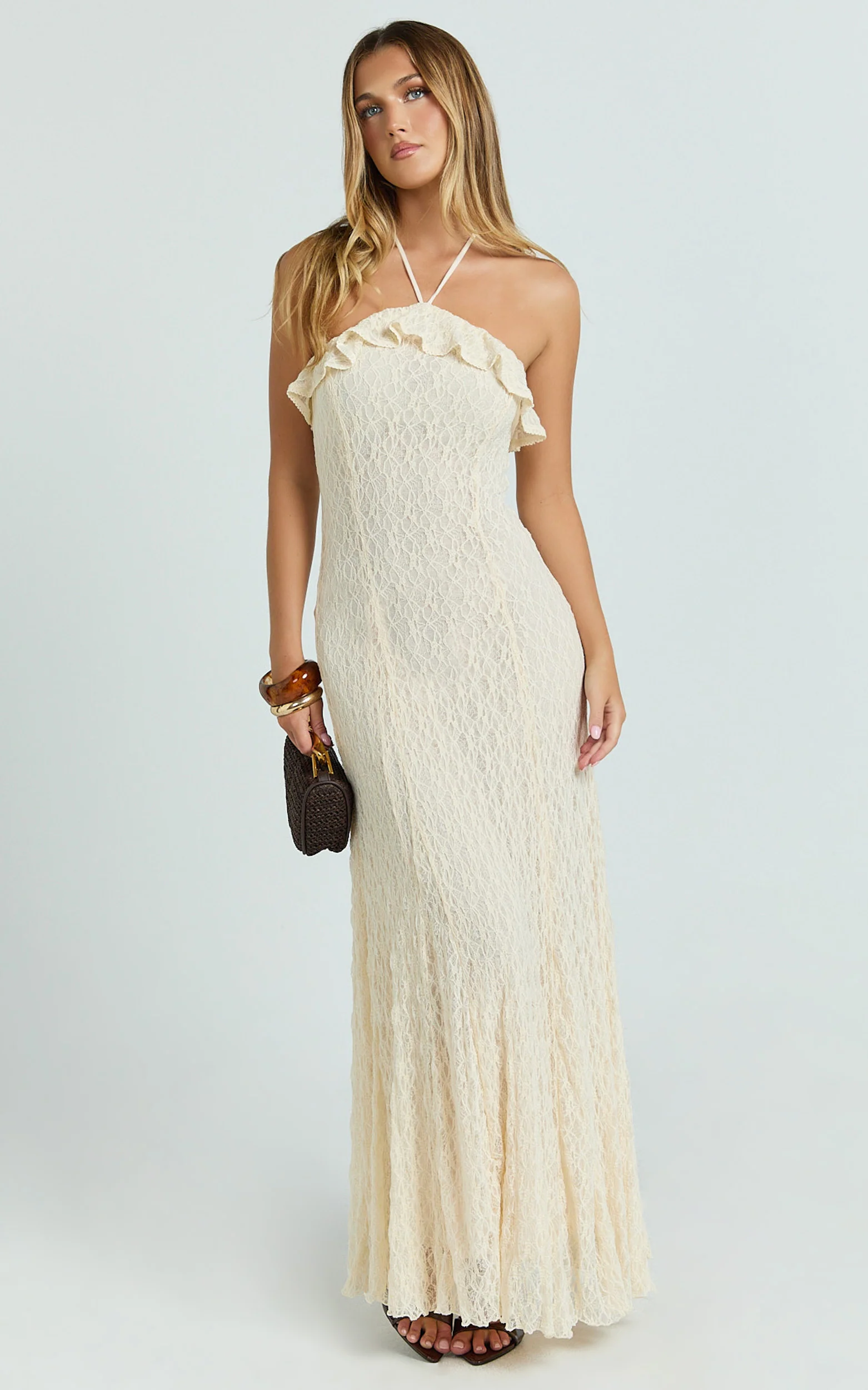 Rhea Maxi Dress - Lace Ruffle Halter A Line Godet Dress in Cream