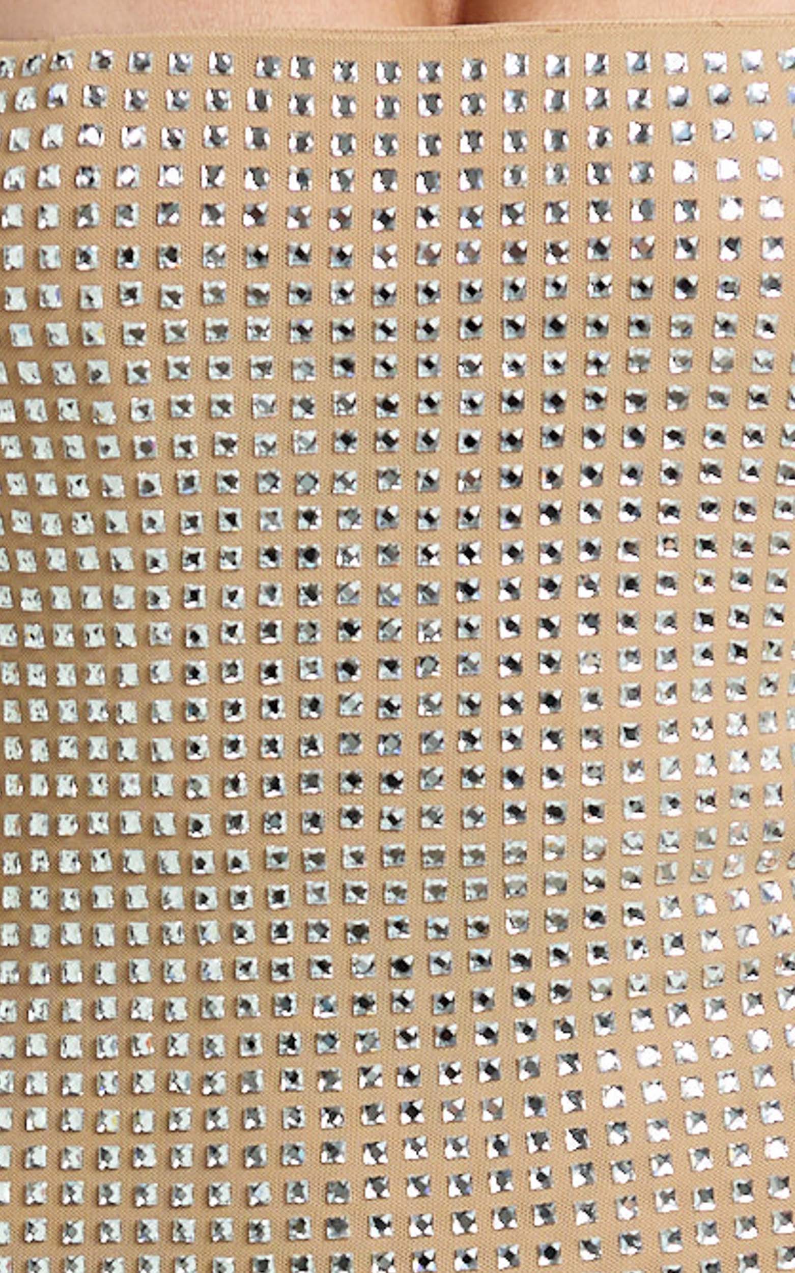 Terri Maxi Dress - Diamante Square Neck Bodycon Dress in Nude