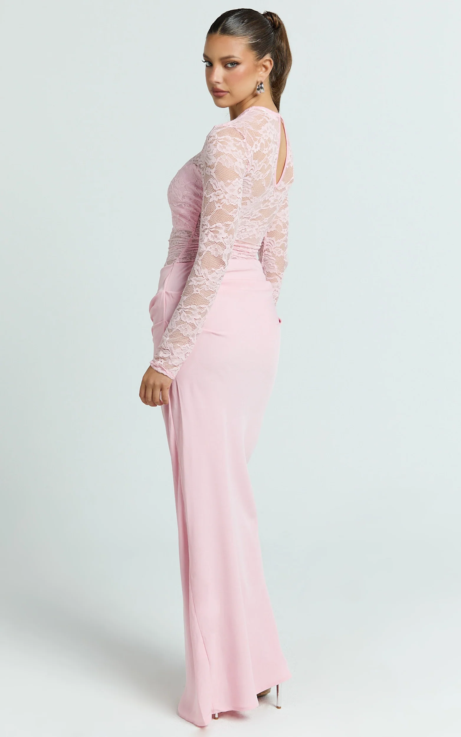 Crisanta Maxi Dress - Long Sleeve Contrast Lace Bodycon Dress in Pink