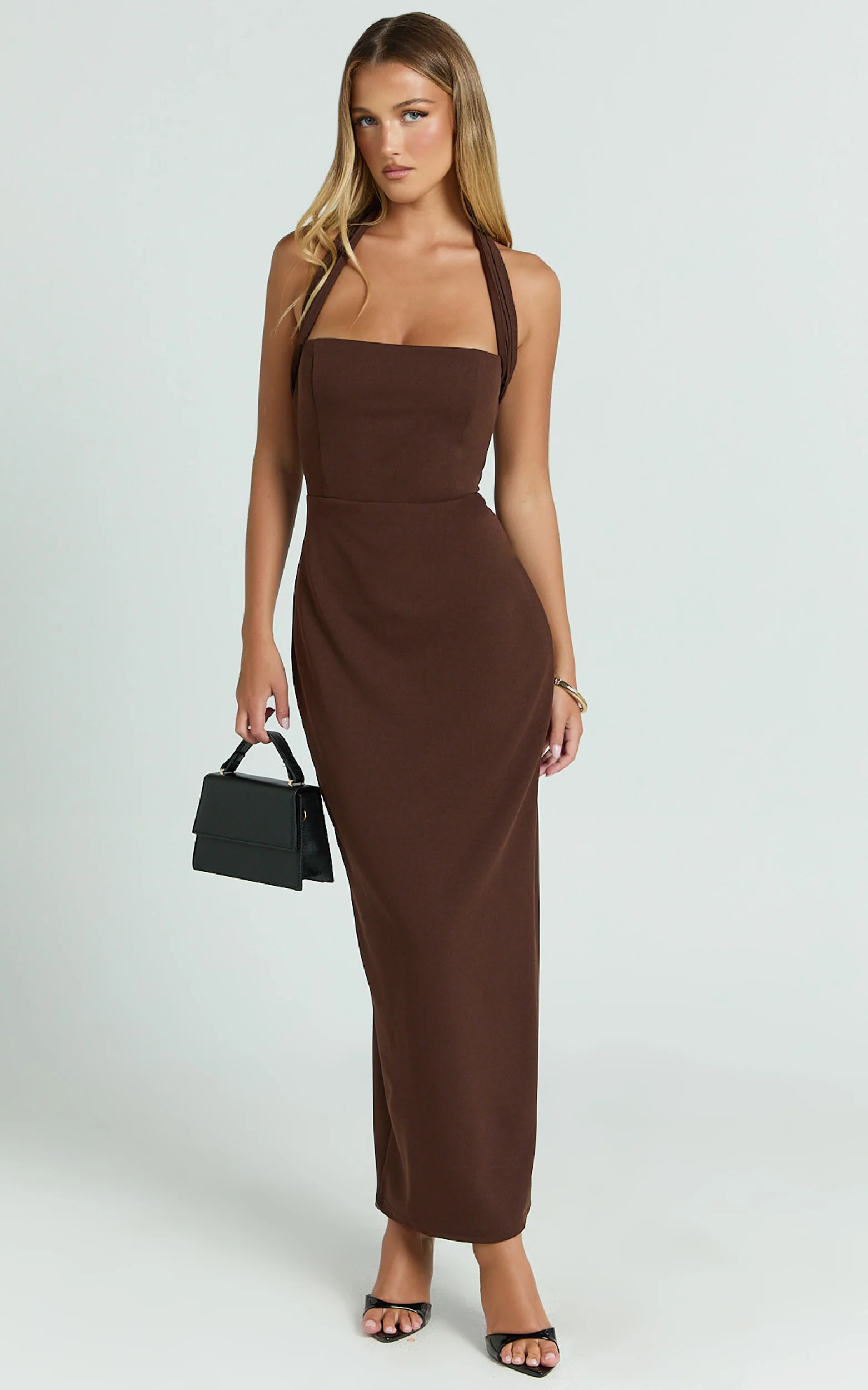 Salome Midi Dress - Halter Neck Column Dress in Chocolate