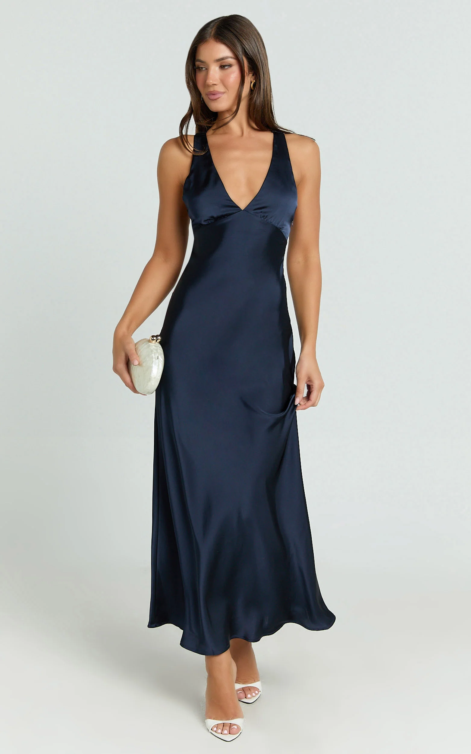 Khalani Midi Dress - Deep V Neck Satin Slip Dress in Navy