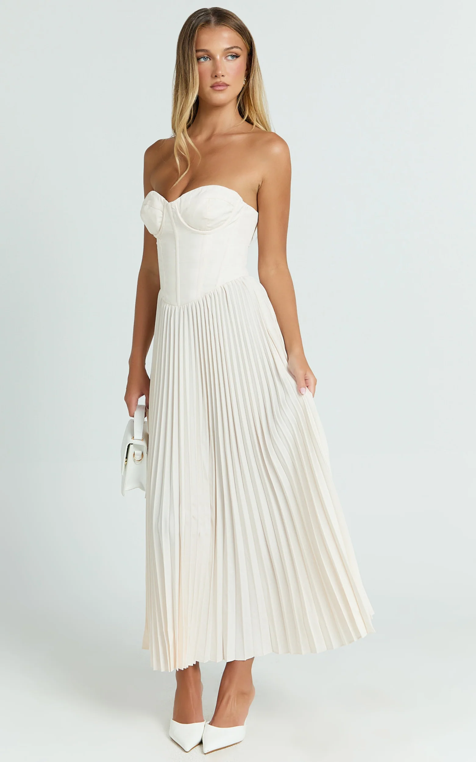 Loretta Midi Dress - Lace Up Back Bustier Pleated Dress in Cream