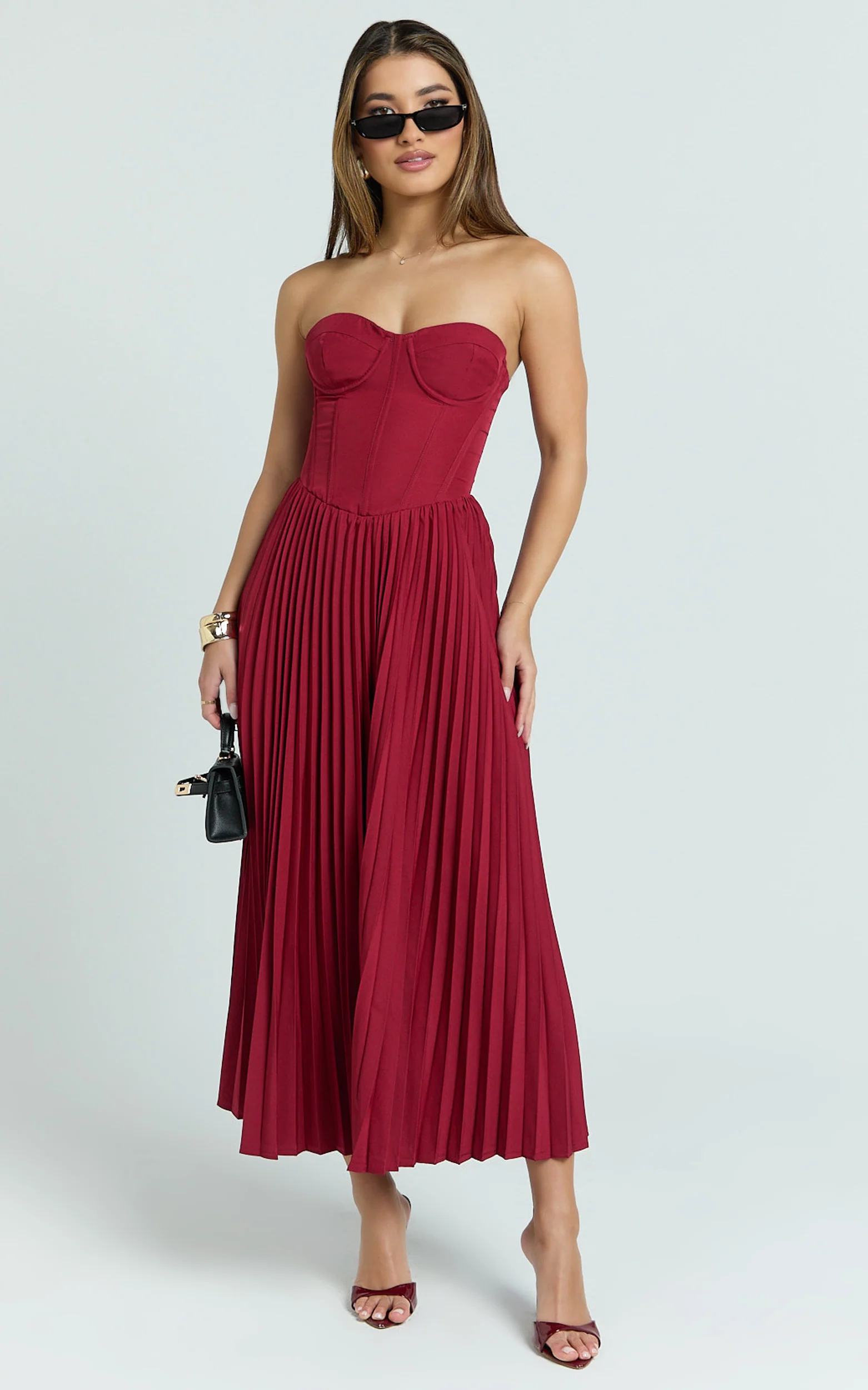 Loretta Midi Dress - Lace Up Back Bustier Pleated Dress in Wine