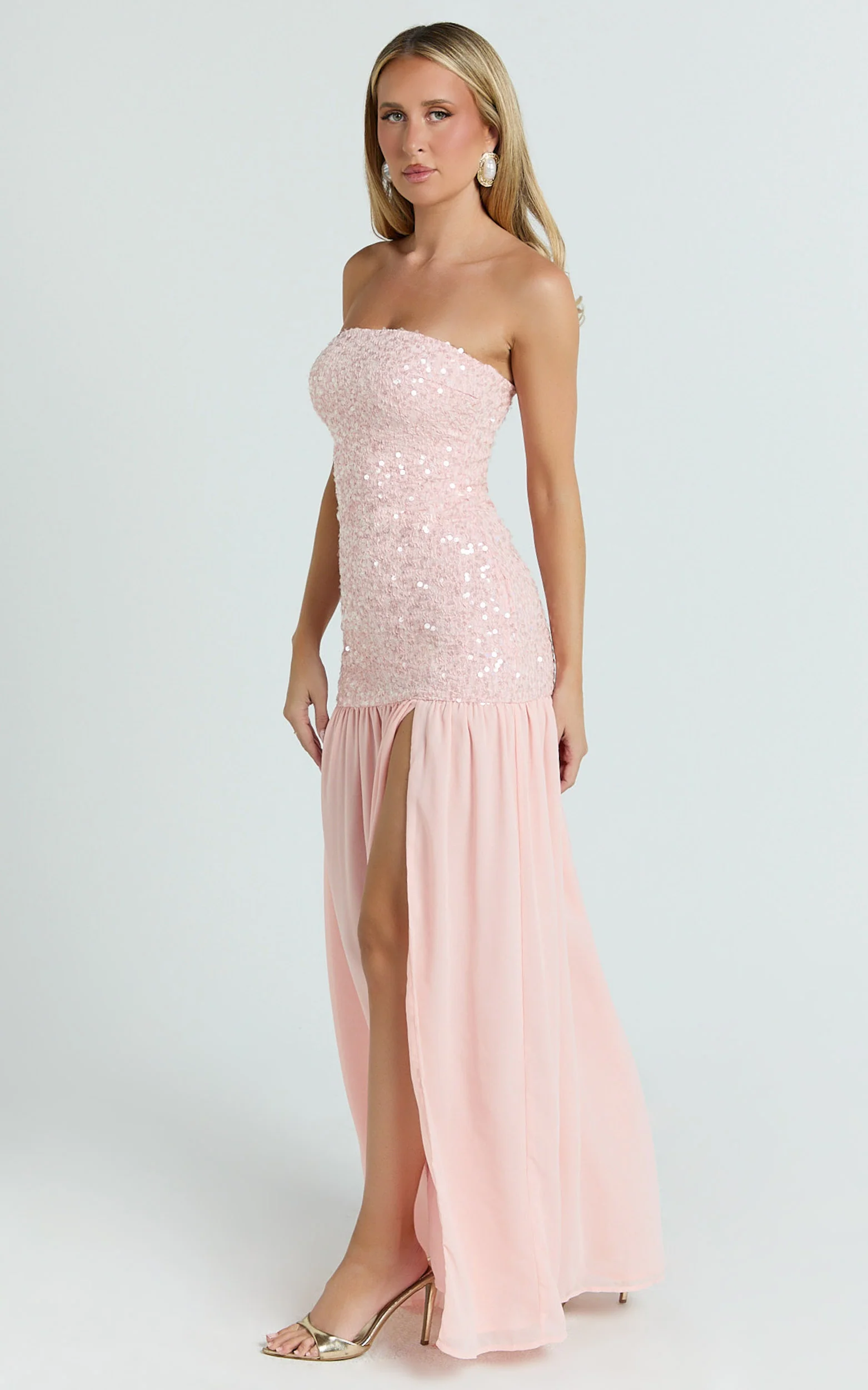 Georgina Maxi Dress - Sequin Strapless Front Split Dress in Pink