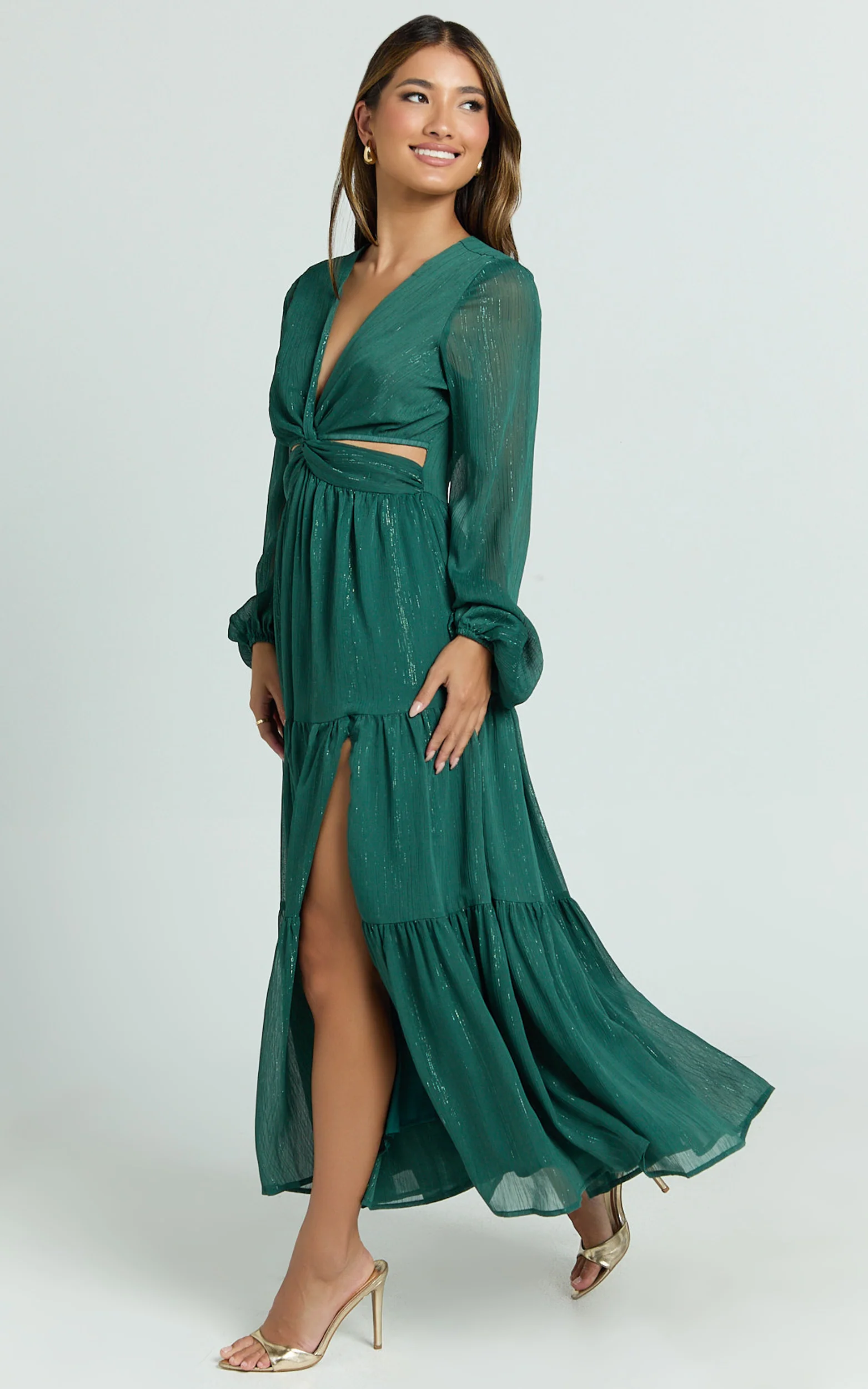 Edelyn Midi Dress - Cut Out Balloon Sleeve Tiered Dress in Emerald