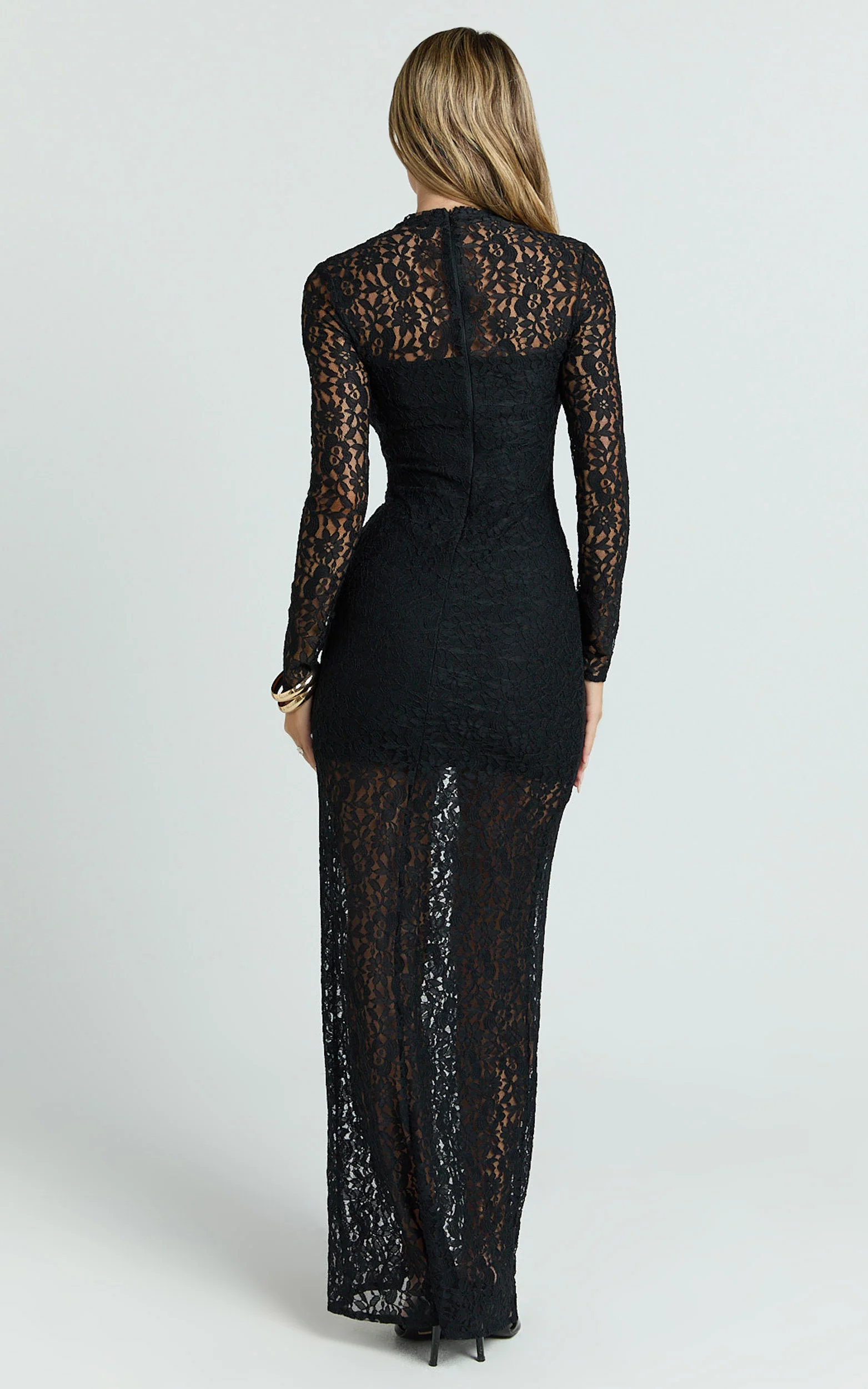 Andrea Maxi Dress - Lace High Neck Long Sleeve Dress in Black