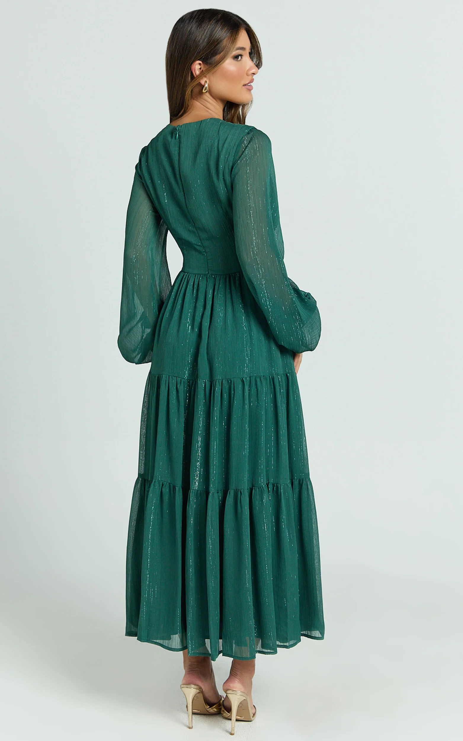 Edelyn Midi Dress - Cut Out Balloon Sleeve Tiered Dress in Emerald