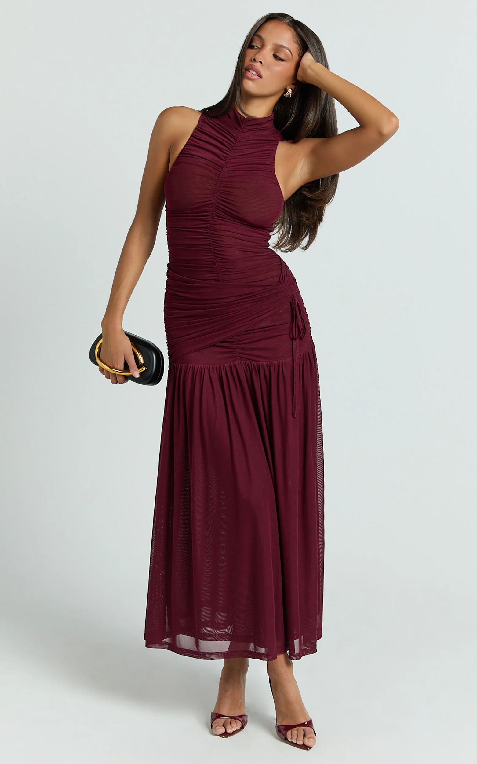 Metzie Maxi Dress - High Neck Gathered Mesh Dress in Burgundy