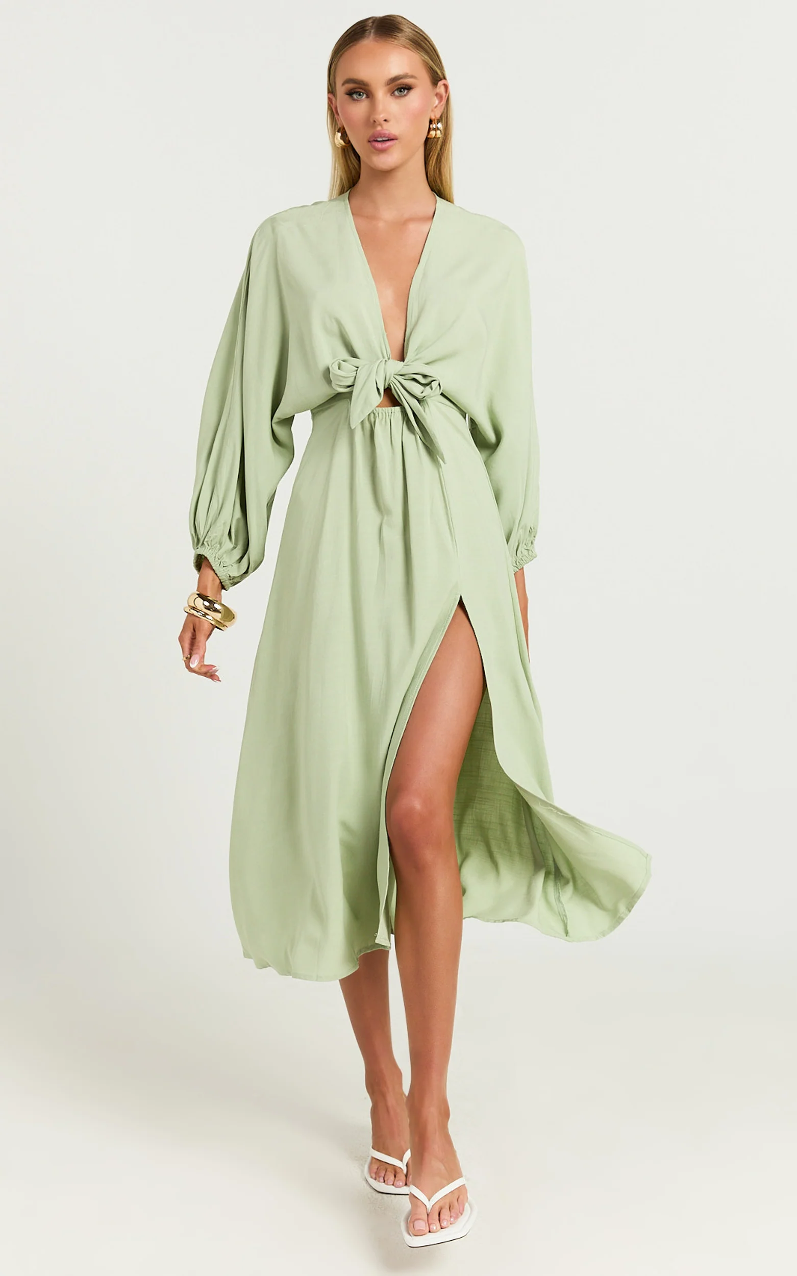 Tyricia Midi Dress - Long Sleeve Tie Front Cut Out Dress in Sage