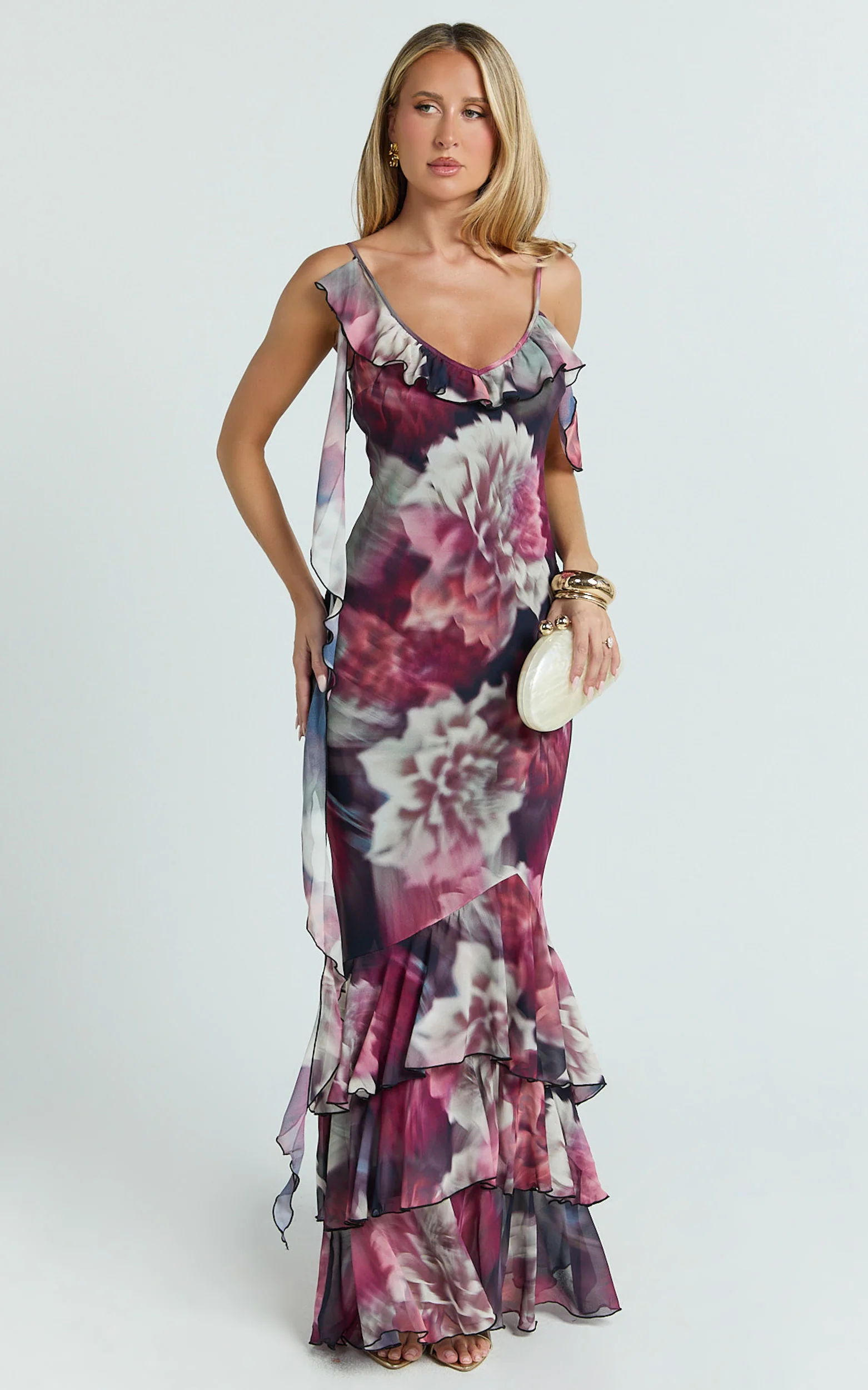 Riley Maxi Dress - Asymmetric Ruffle Detail Maxi Dress in Mariache Rose
