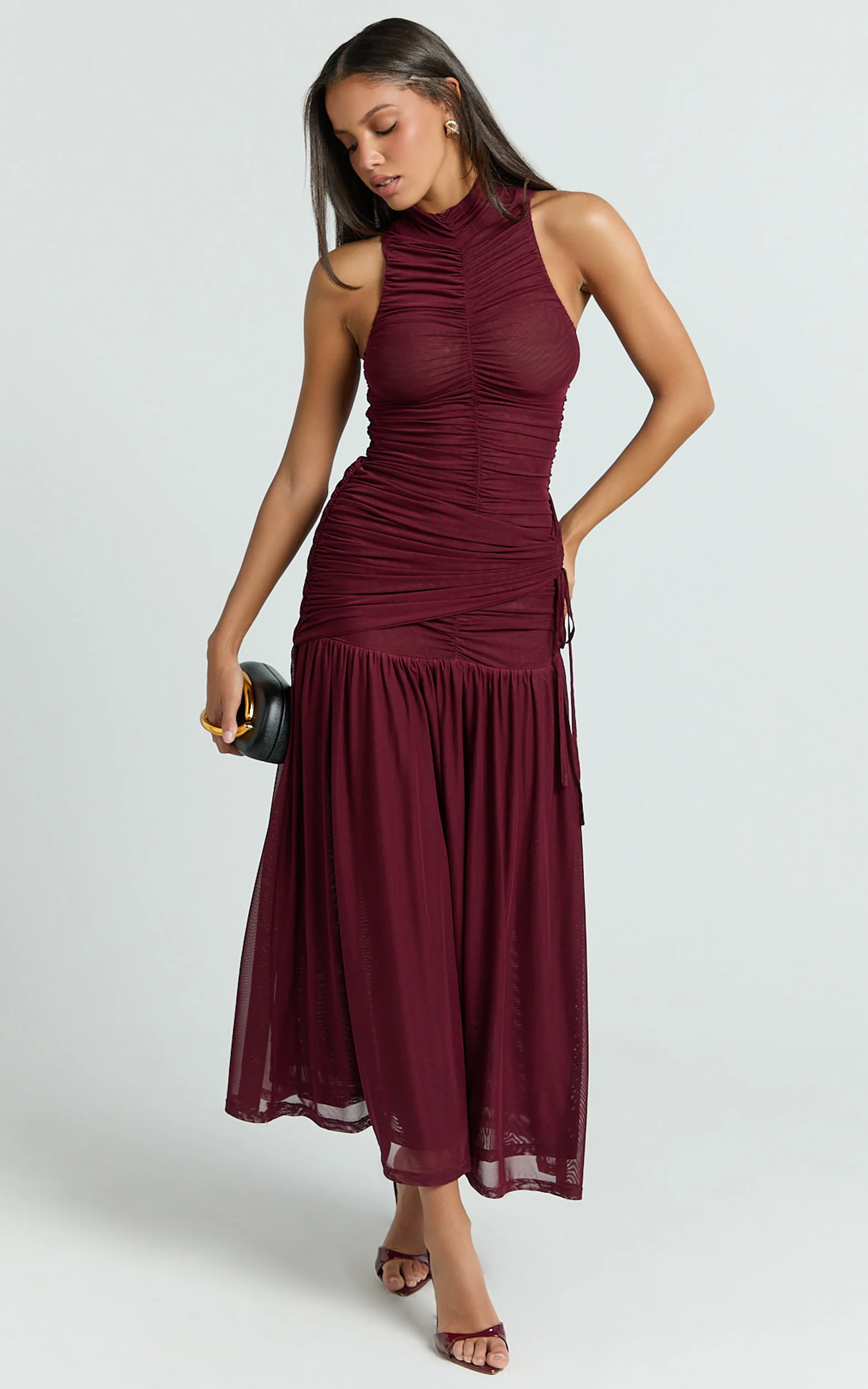 Metzie Maxi Dress - High Neck Gathered Mesh Dress in Burgundy