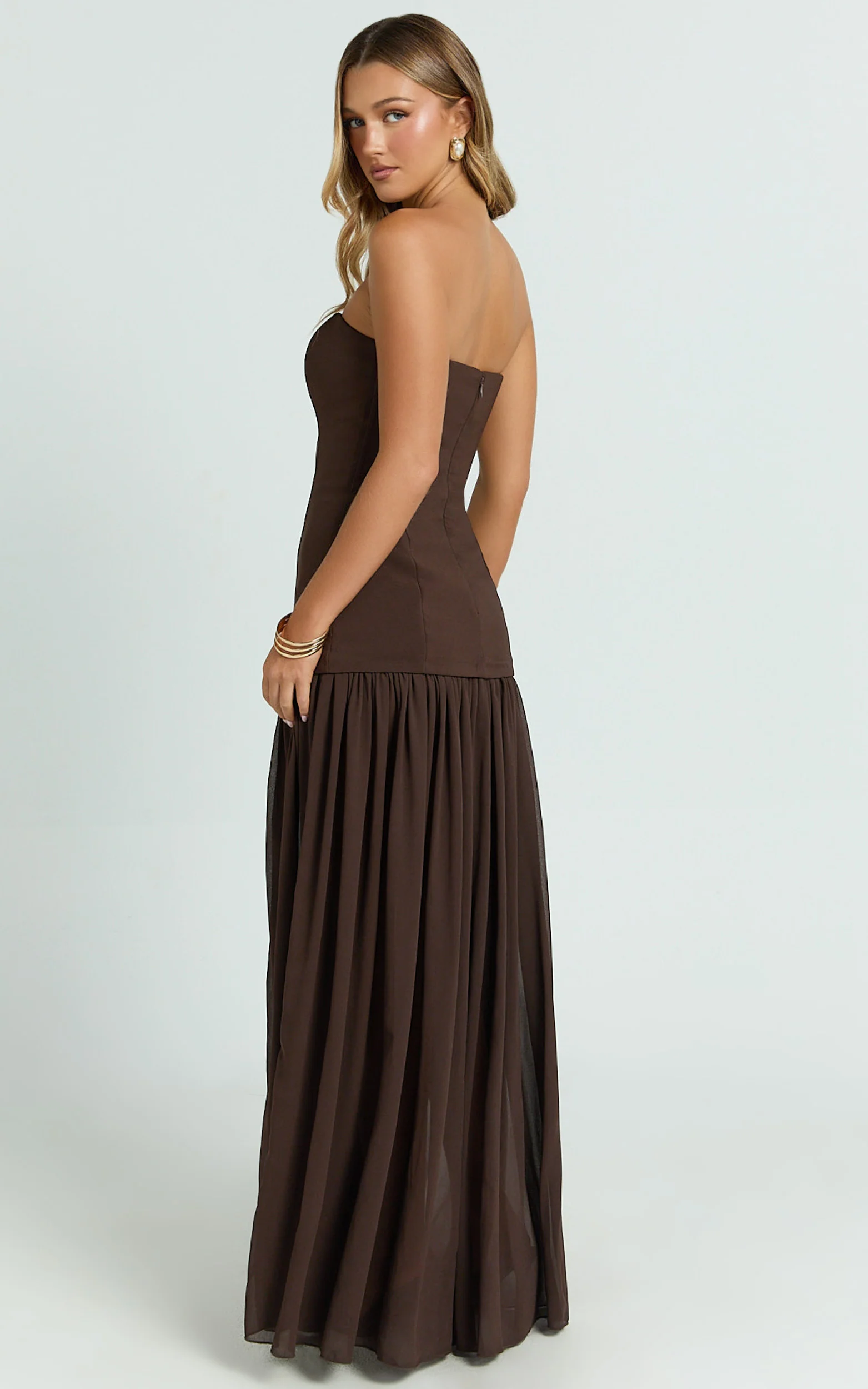 Jocelyn Maxi Dress - Strapless Ruched Fit And Flare Dress in Chocolate