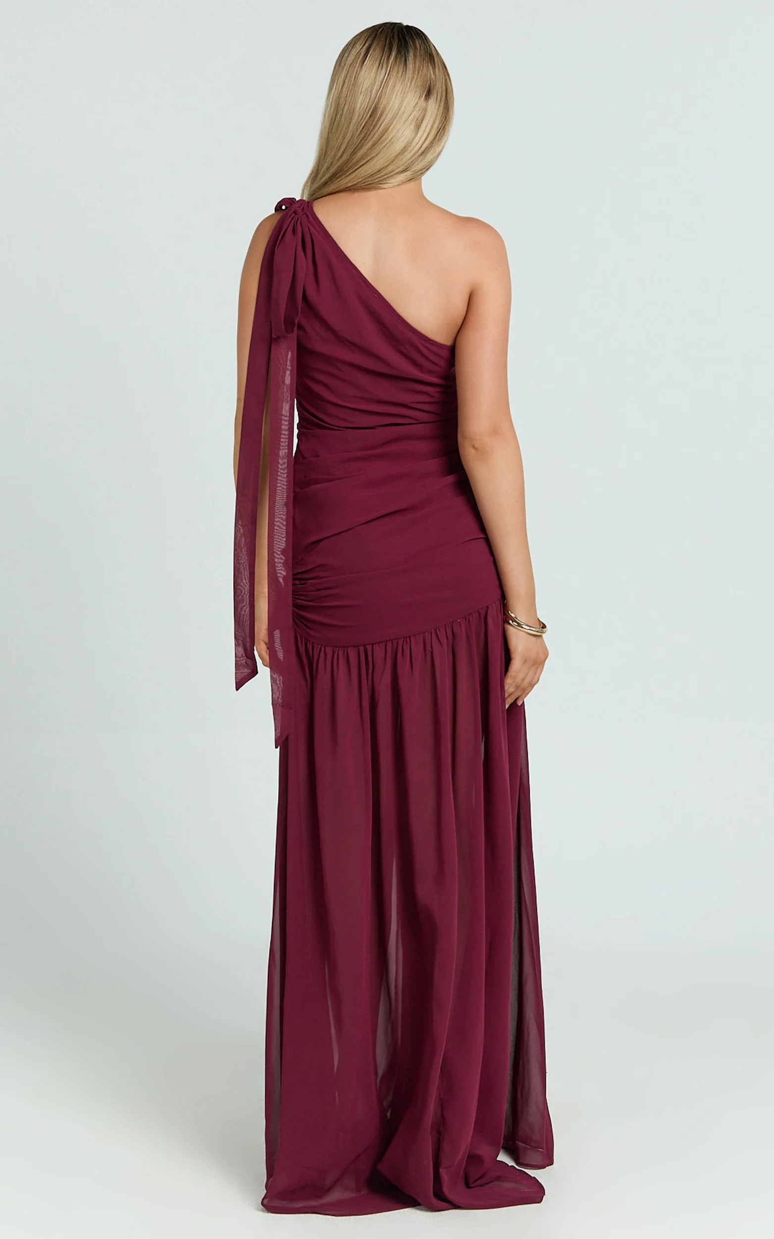Behati Maxi Dress - One Shoulder Cut Out Fit And Flare Dress in Wine