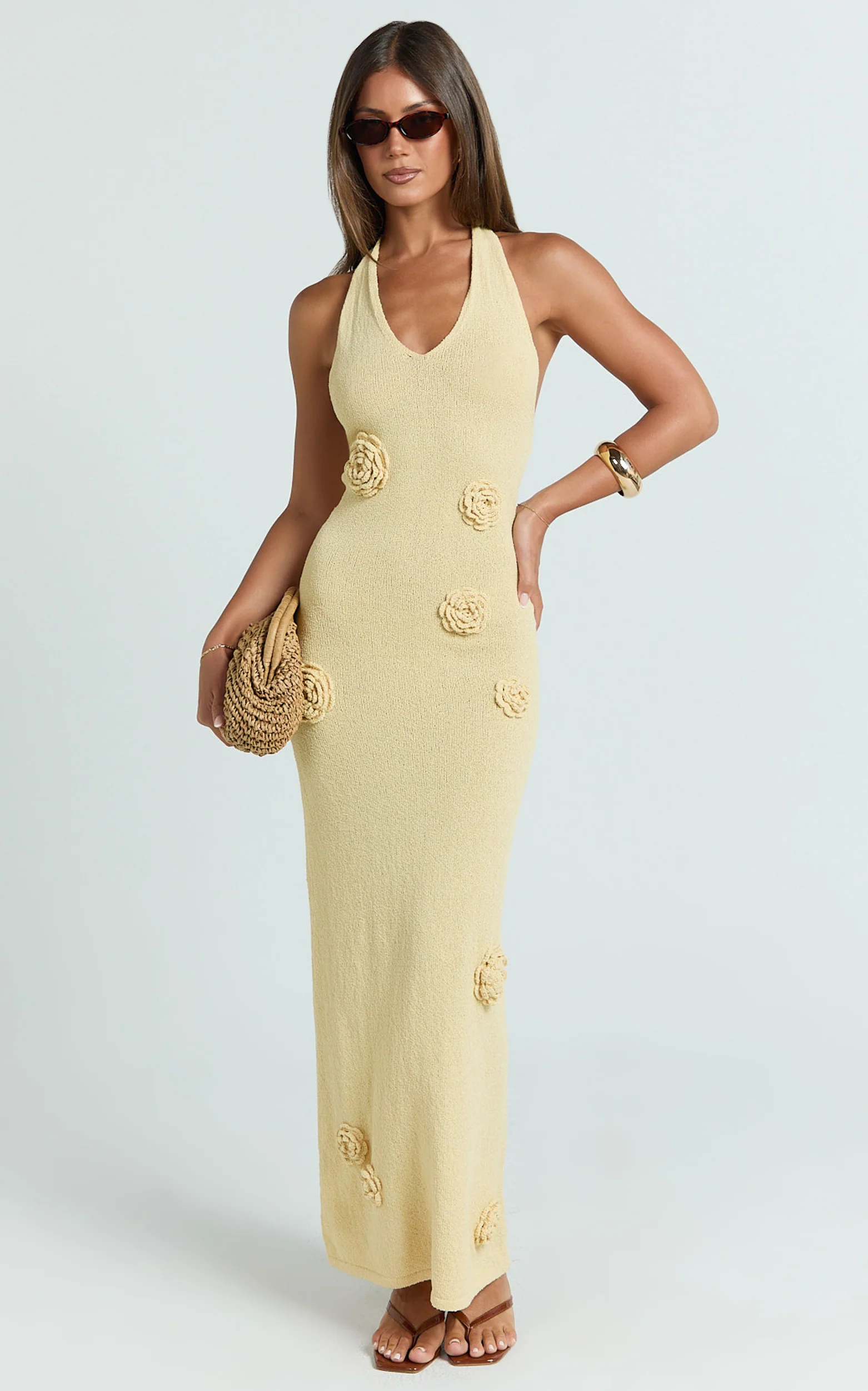 Elodie Maxi Dress - Halter 3D Floral Knit Dress in Lemon