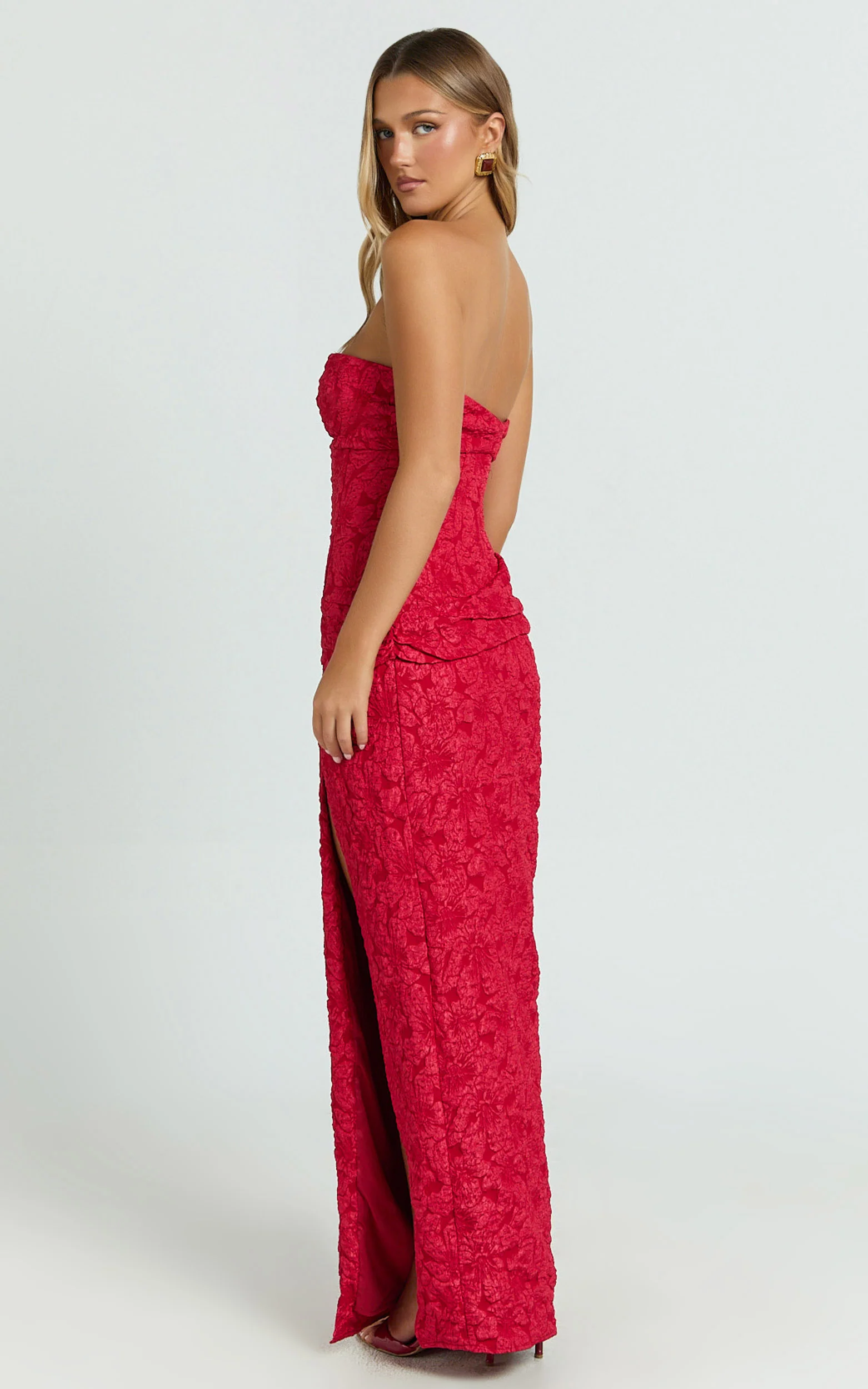 Berri Maxi Dress - Strapless Jacquard High Split Dress in Red