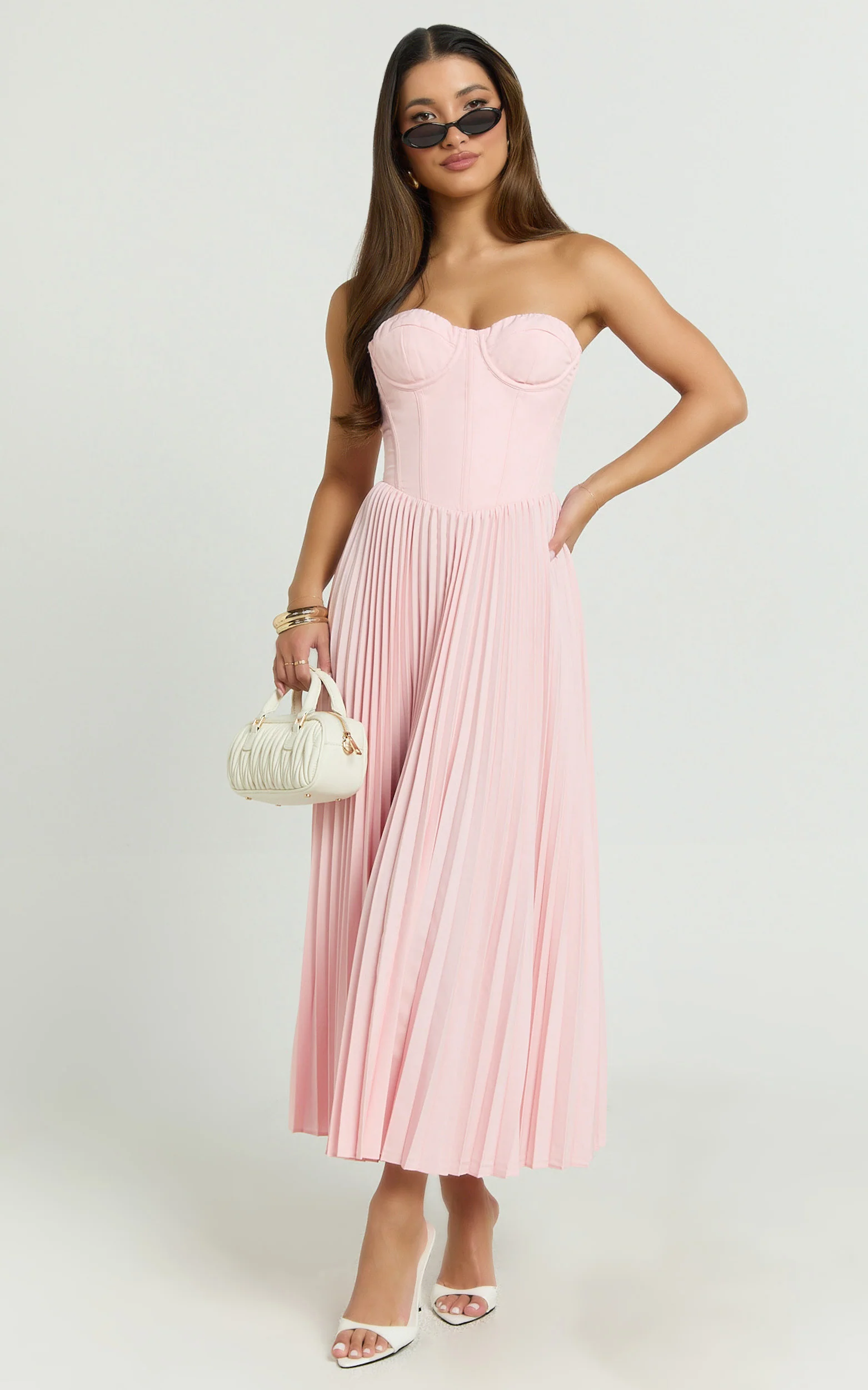 Loretta Midi Dress - Lace Up Back Bustier Pleated Dress in Soft Pink