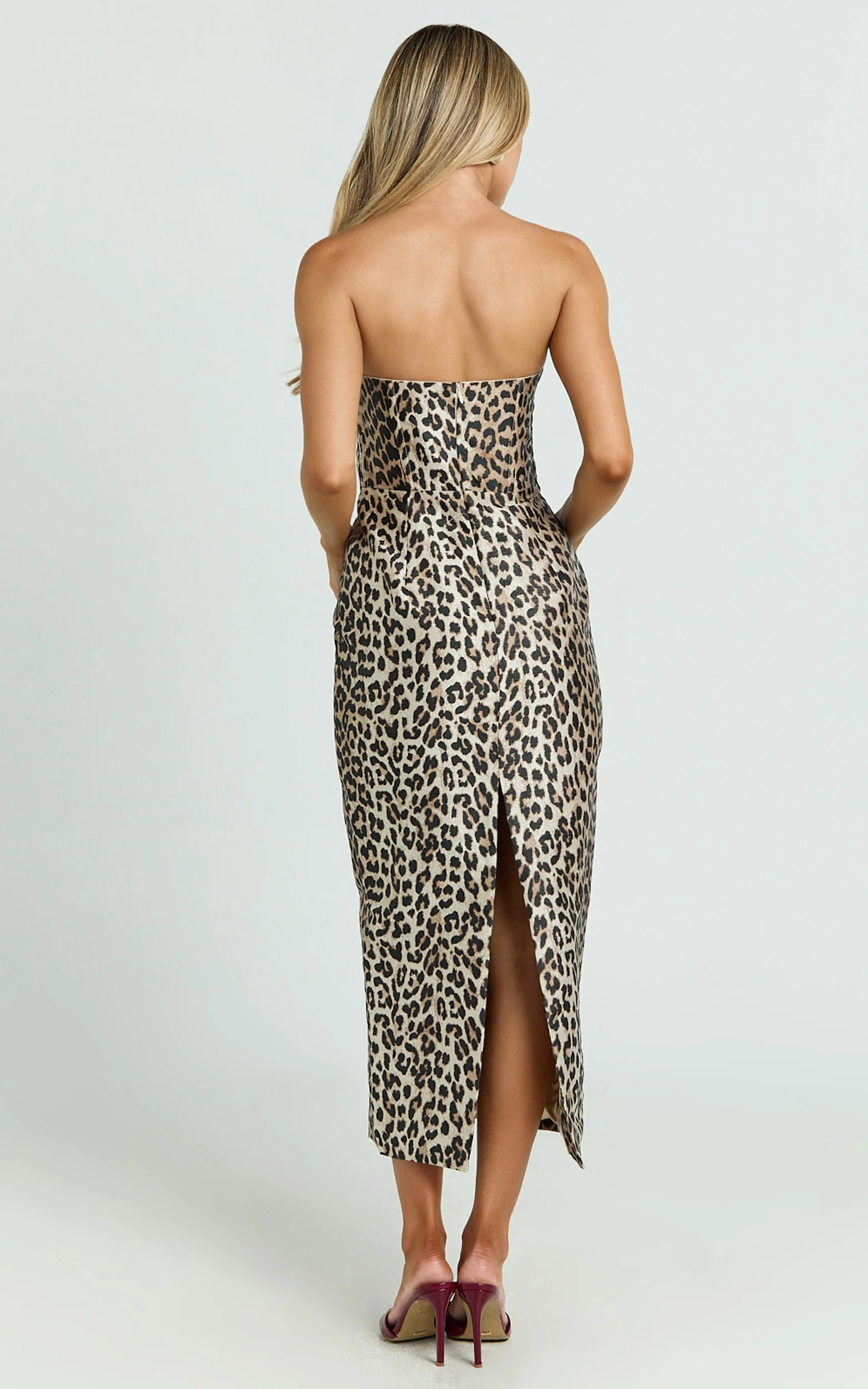 Sandy Midi Dress - Strapless Column Dress in Leopard Print
