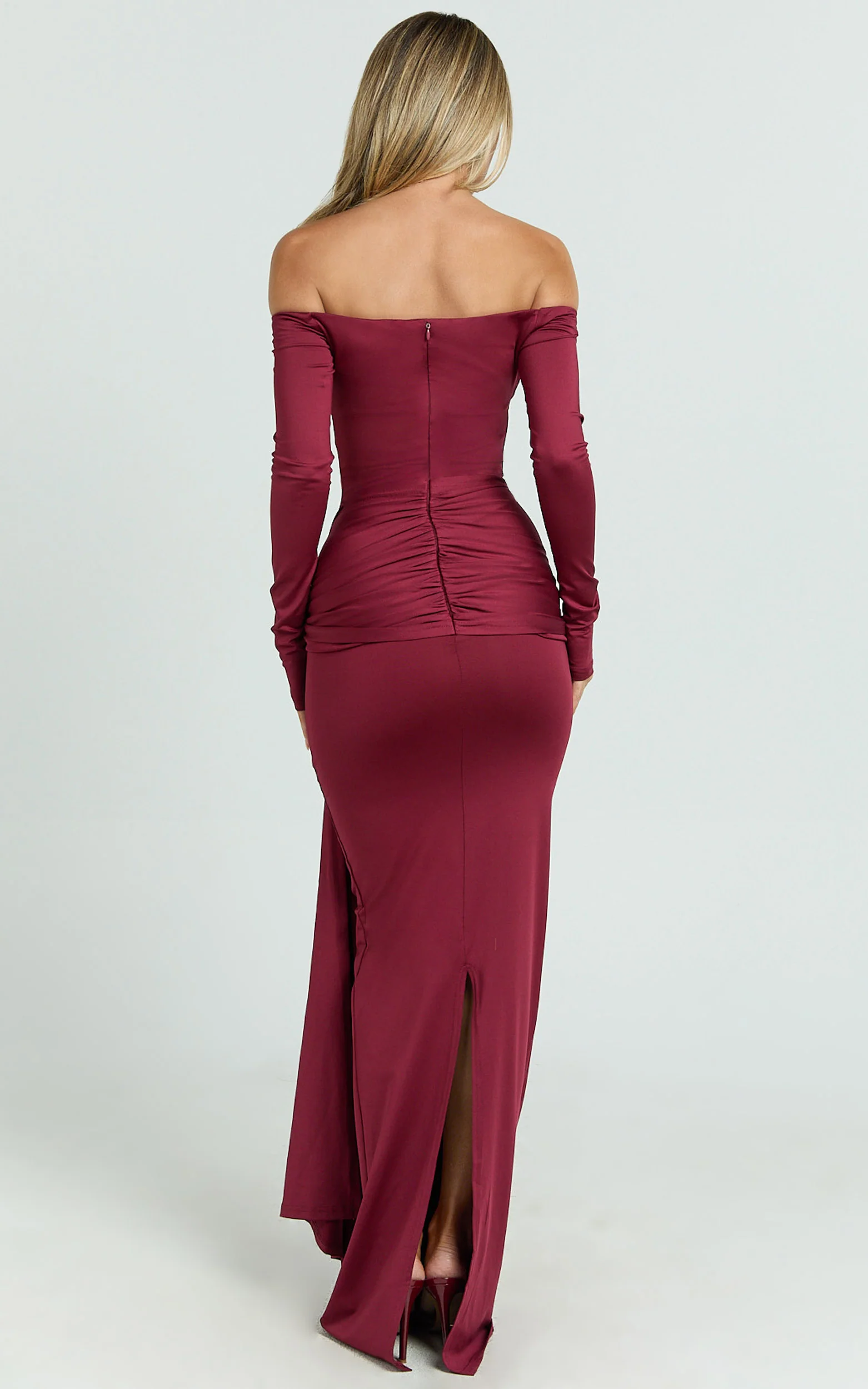 Judith Maxi Dress - Boat Neck Backless Tie Front Long Sleeve Jersey Dress in Wine
