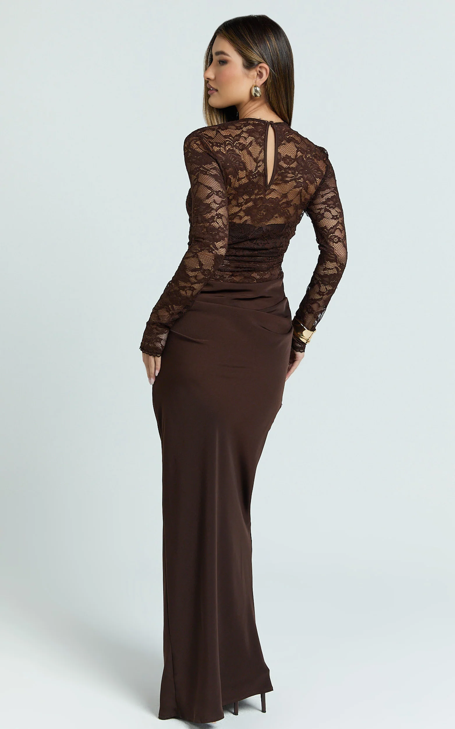 Crisanta Maxi Dress - Long Sleeve Contrast Lace Bodycon Dress in Chocolate