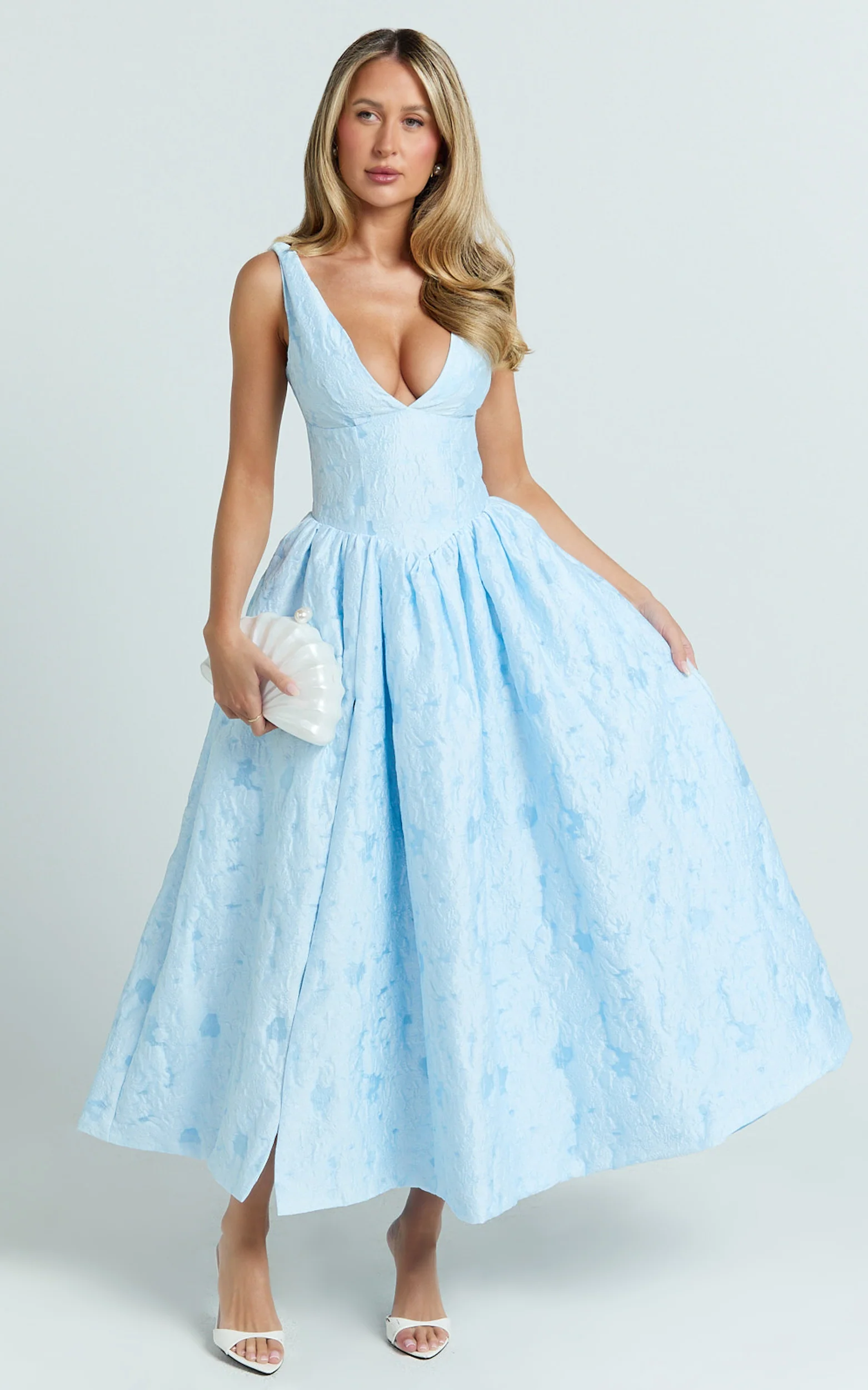 Posie Midi Dress - Jacquard Fit And Flare Dress in Blue