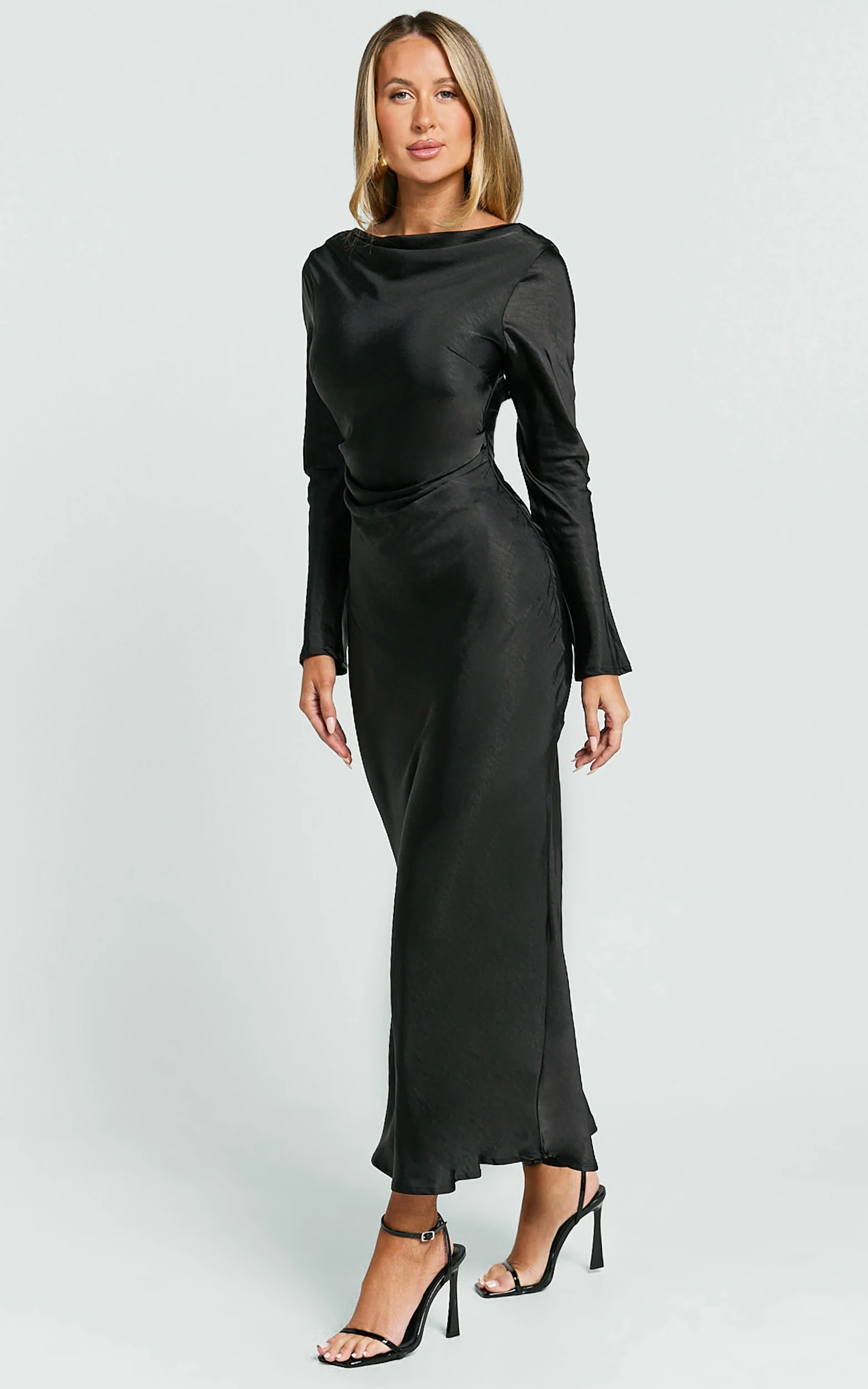 Arriana Midi Dress - Long Sleeve Cowl Back Satin Dress in Black