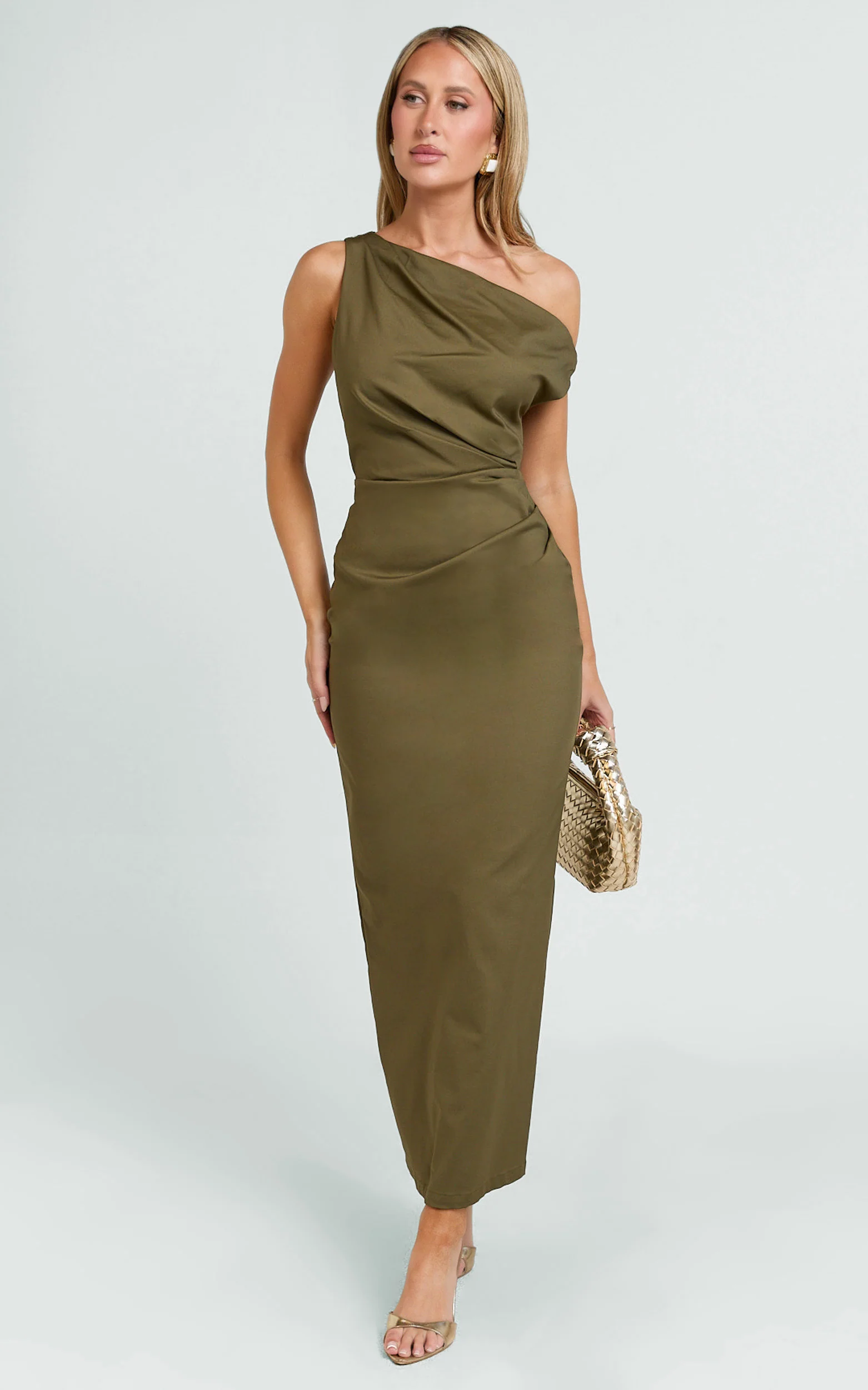 Alexandria Midi Dress - Tip Shoulder Draped Fitted Dress in Olive