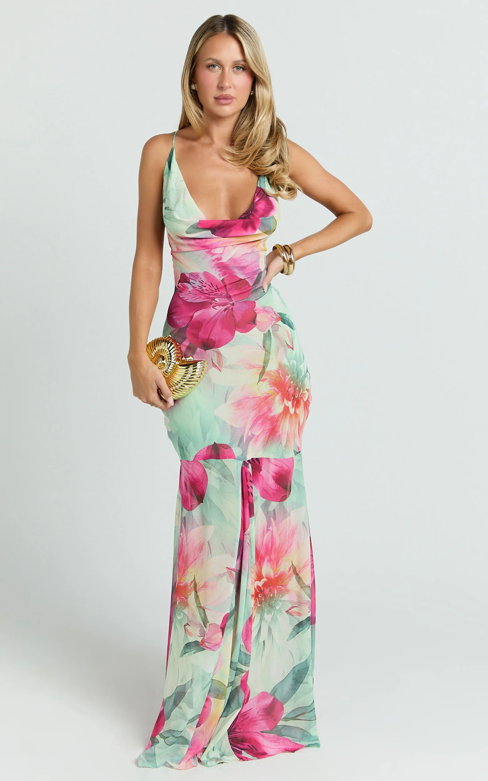Edwina Maxi Dress - Georgette Cowl Neck Sheer Skirt Dress in Abstract Floral