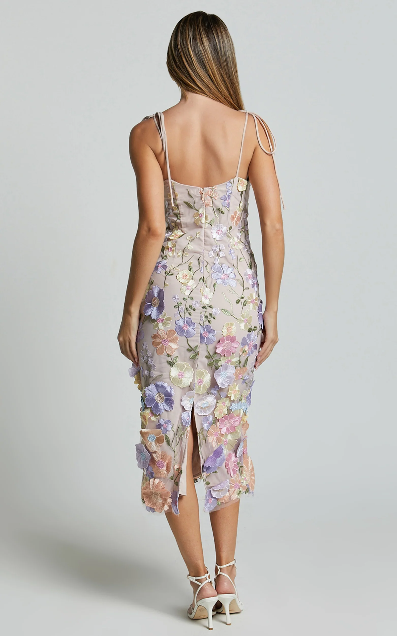 Jamich Midi Dress - Straight Neck Tie Strap Pencil Dress in Soft Pink