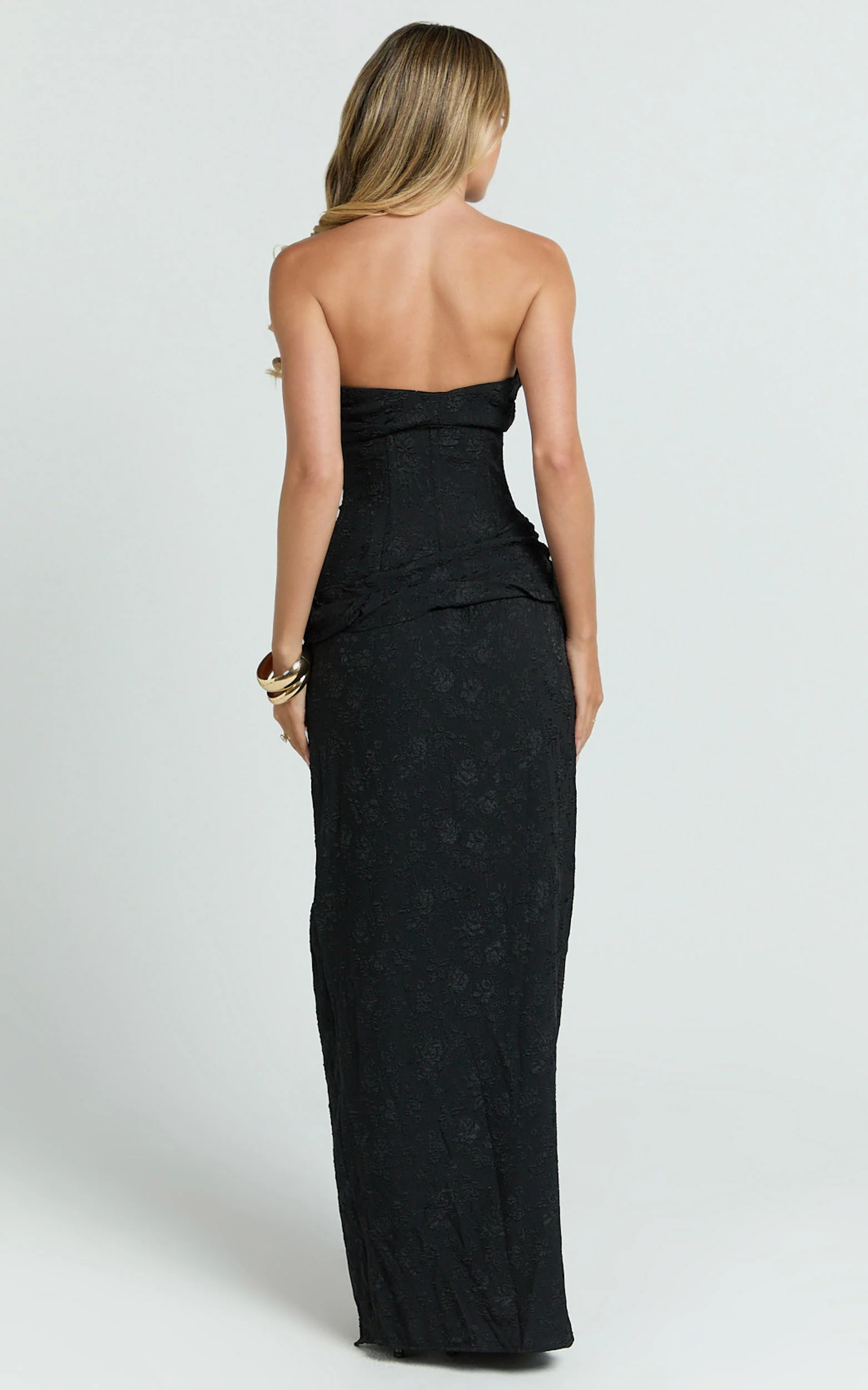 Berri Maxi Dress - Strapless Jacquard High Split Dress in Black