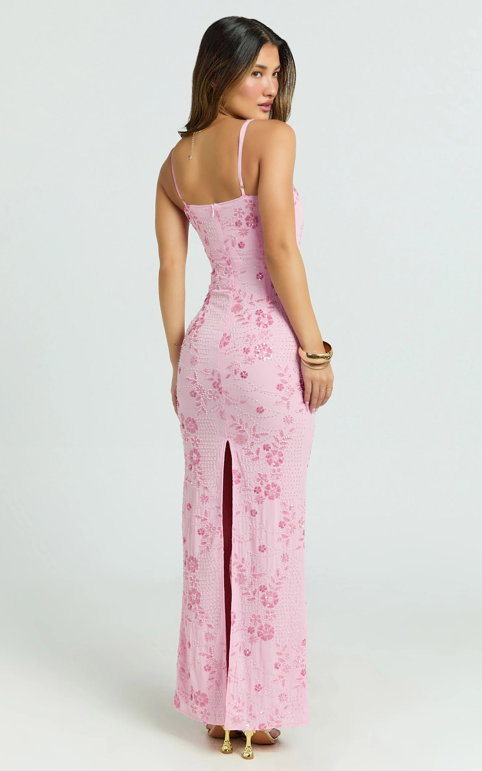 Shari Maxi Dress - Strappy Scoop Neck Column Fitted Sequin Mesh Dress in Pink