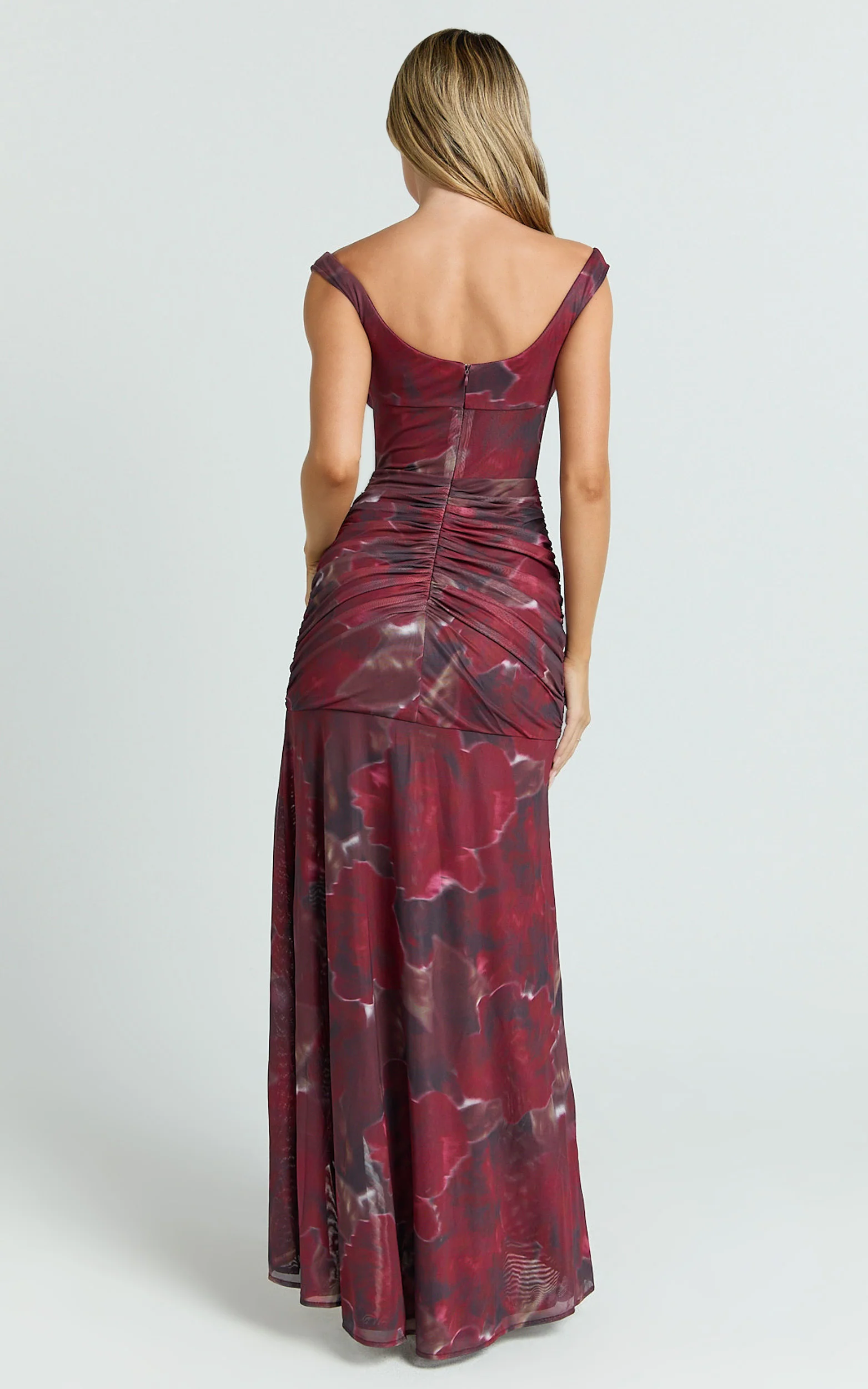 Demetria Midi Dress - Floral Mesh Printed Bodycon Dress in Burgundy Rose