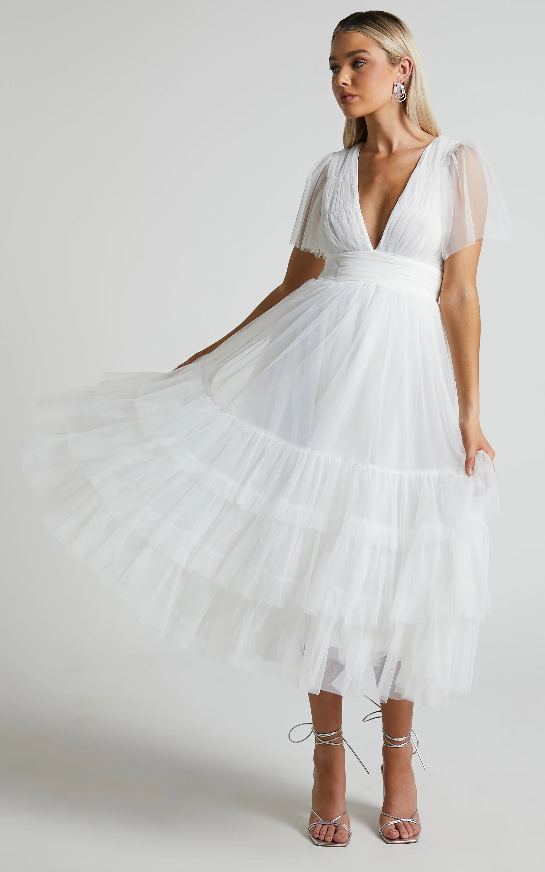 Jiraye Midi Dress - Flutter Sleeve Tuelle Plunge Dress in White