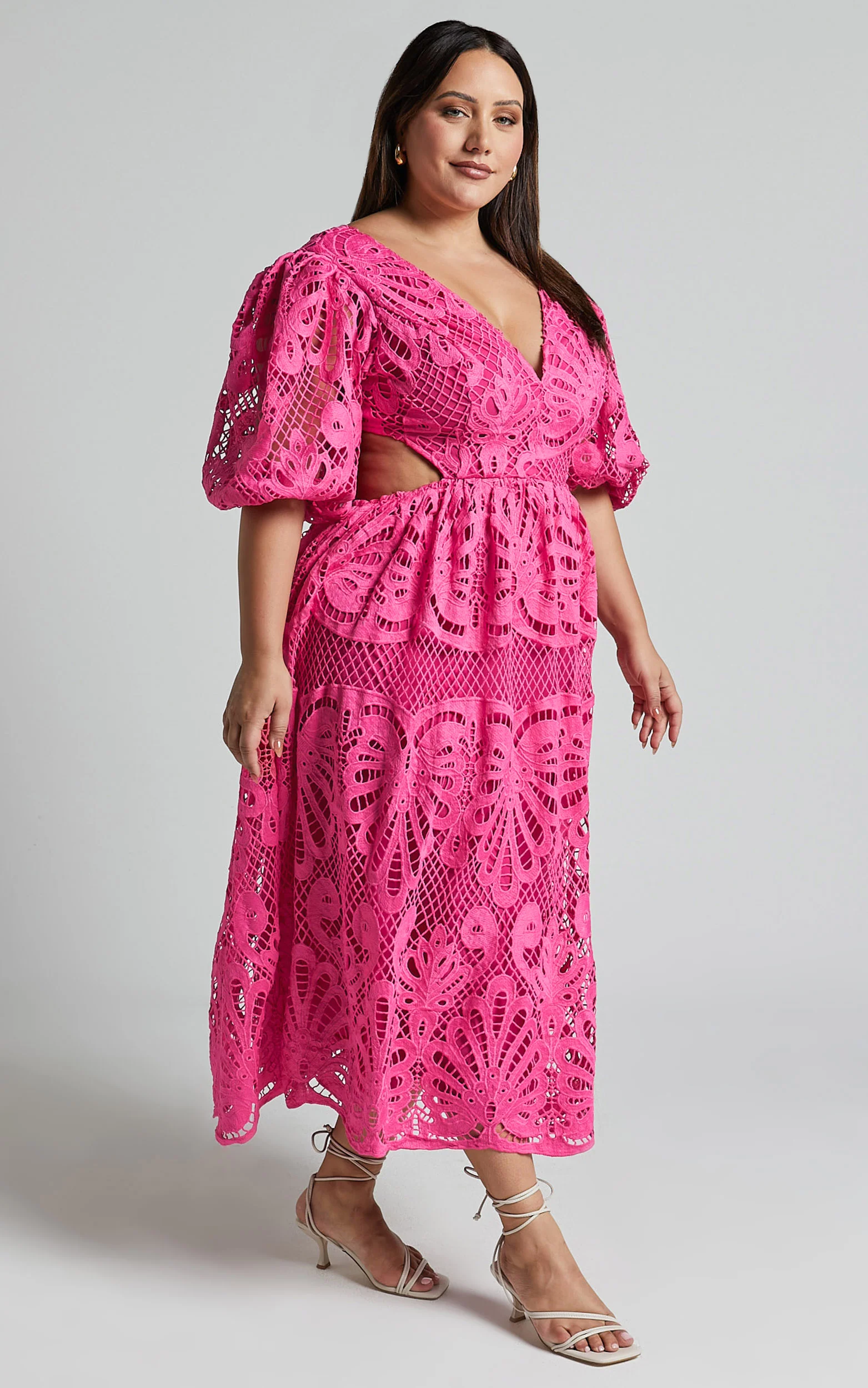 Anieshaya Midi Dress - V Neck Cut Out Lace Dress in Pink