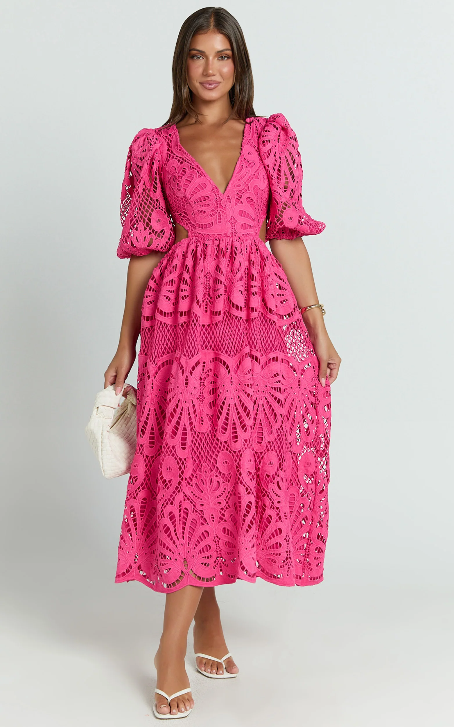 Anieshaya Midi Dress - V Neck Cut Out Lace Dress in Pink