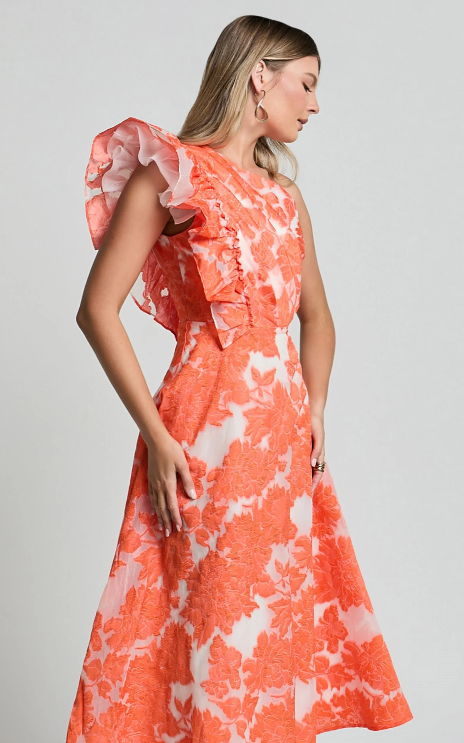 Alfreda Midi Dress - One Shoulder Ruffle Detail Brailey Jacquard Dress in Orange Jacquard