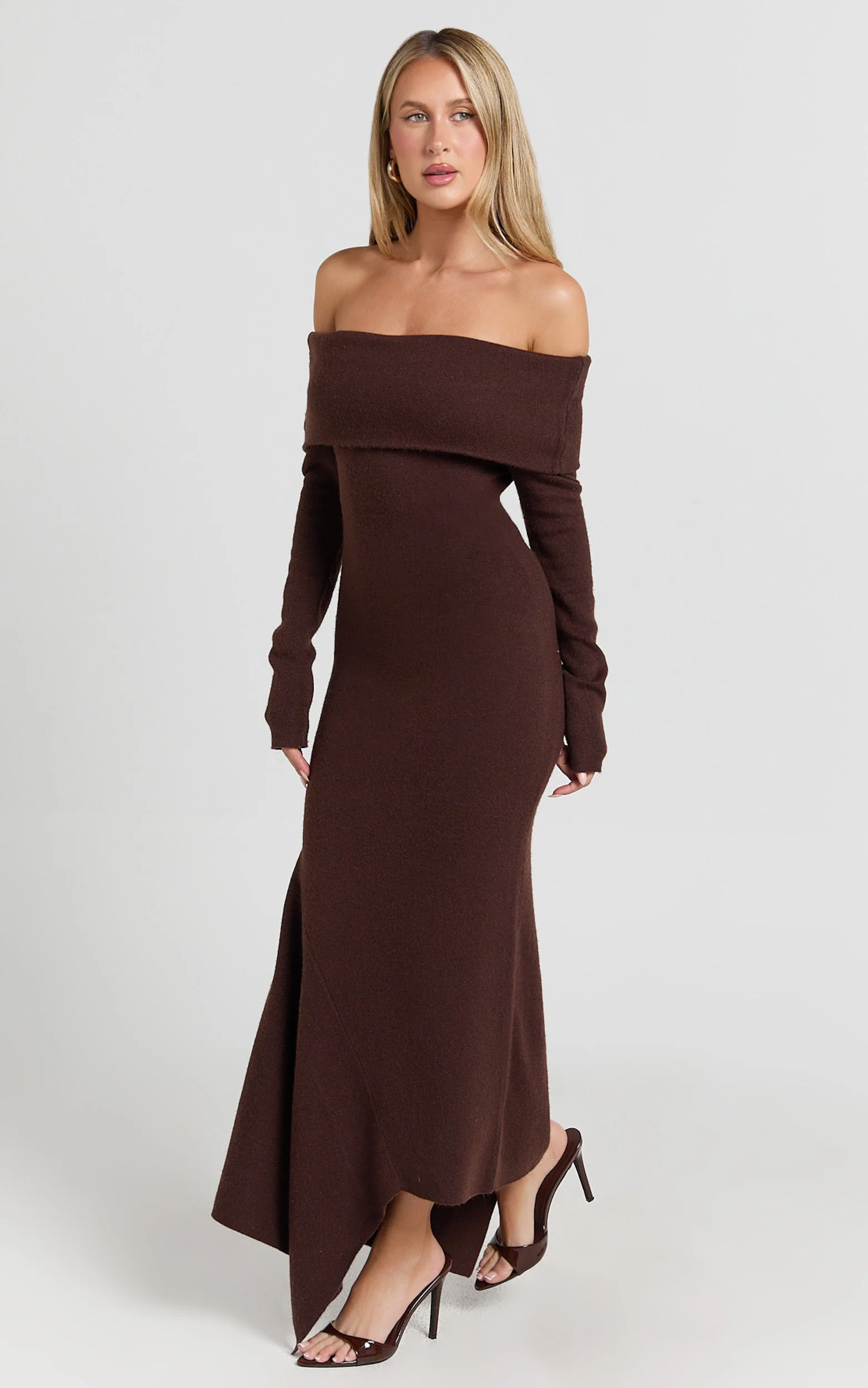 Karina Midi Dress - Long Sleeve Folded Off Shoulder Asymmetric Dress in Chocolate