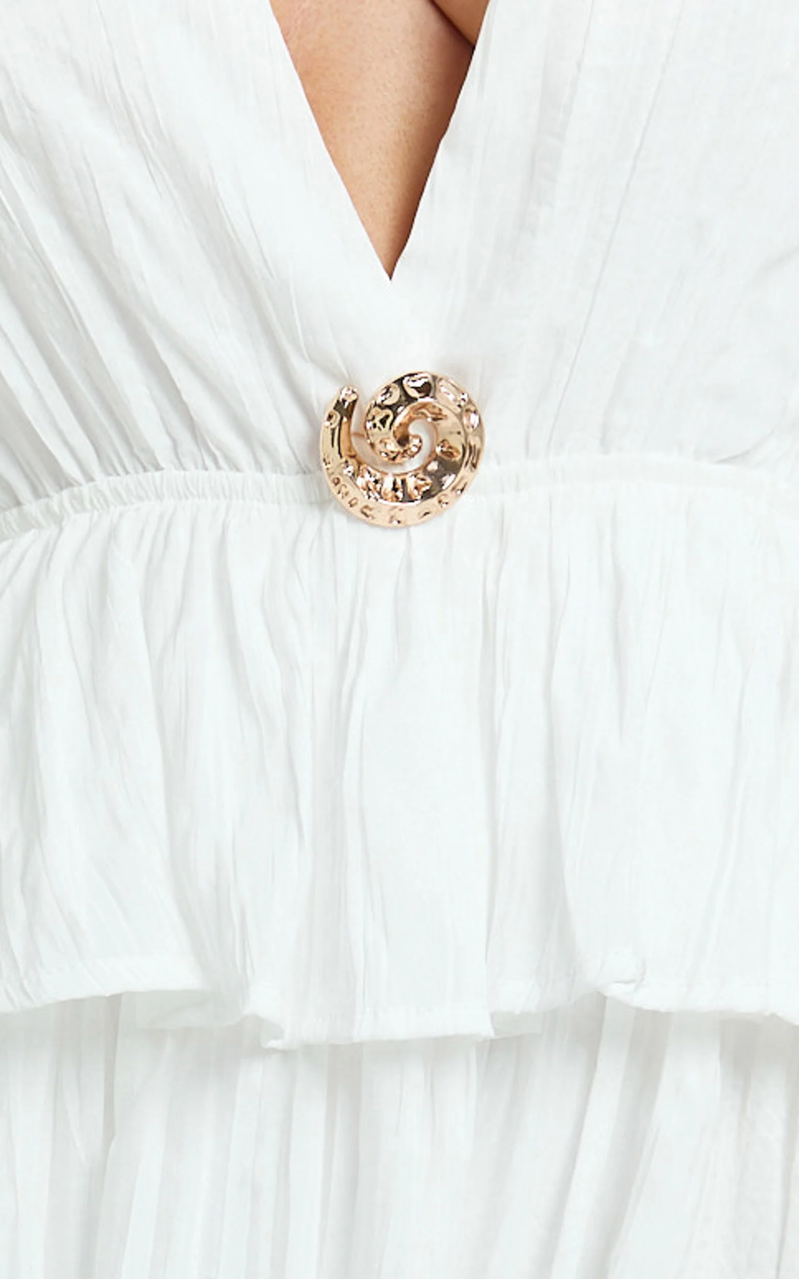 Heidi Maxi Dress - Deep V Plunge Halter Neck Brooch Detail Split Skirt Dress in White