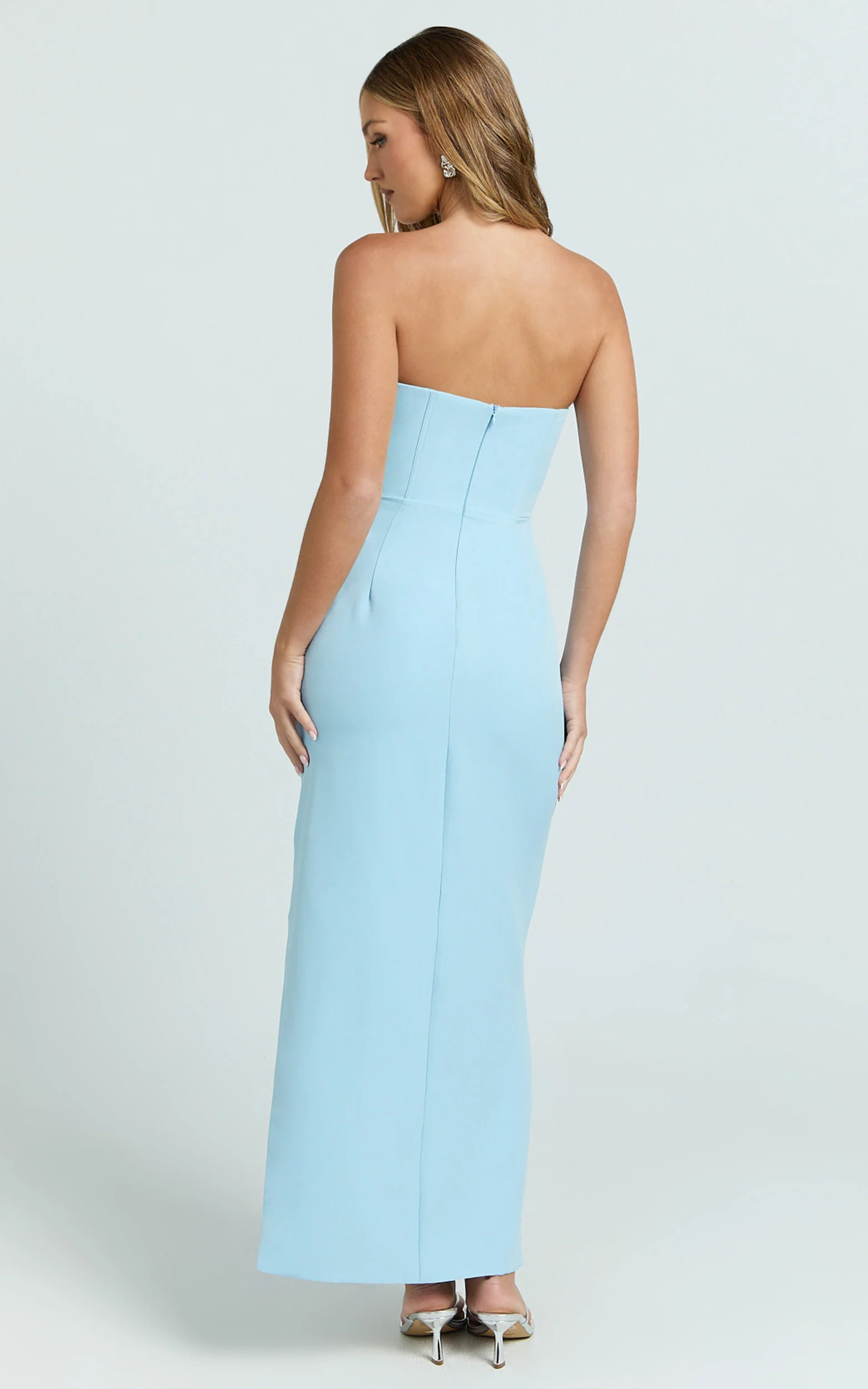 Avery Midi Dress - Strapless Draped Side Split Dress in Blue